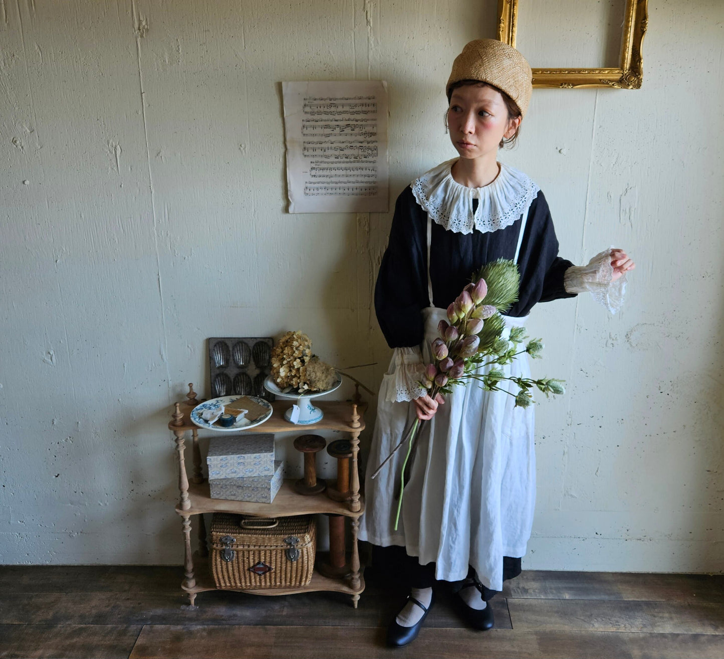 Ecru White　2way サスペンダーギャザータブリエ　French Linen Gather tablier 　アンティークタブリエ　リネンタブリエ