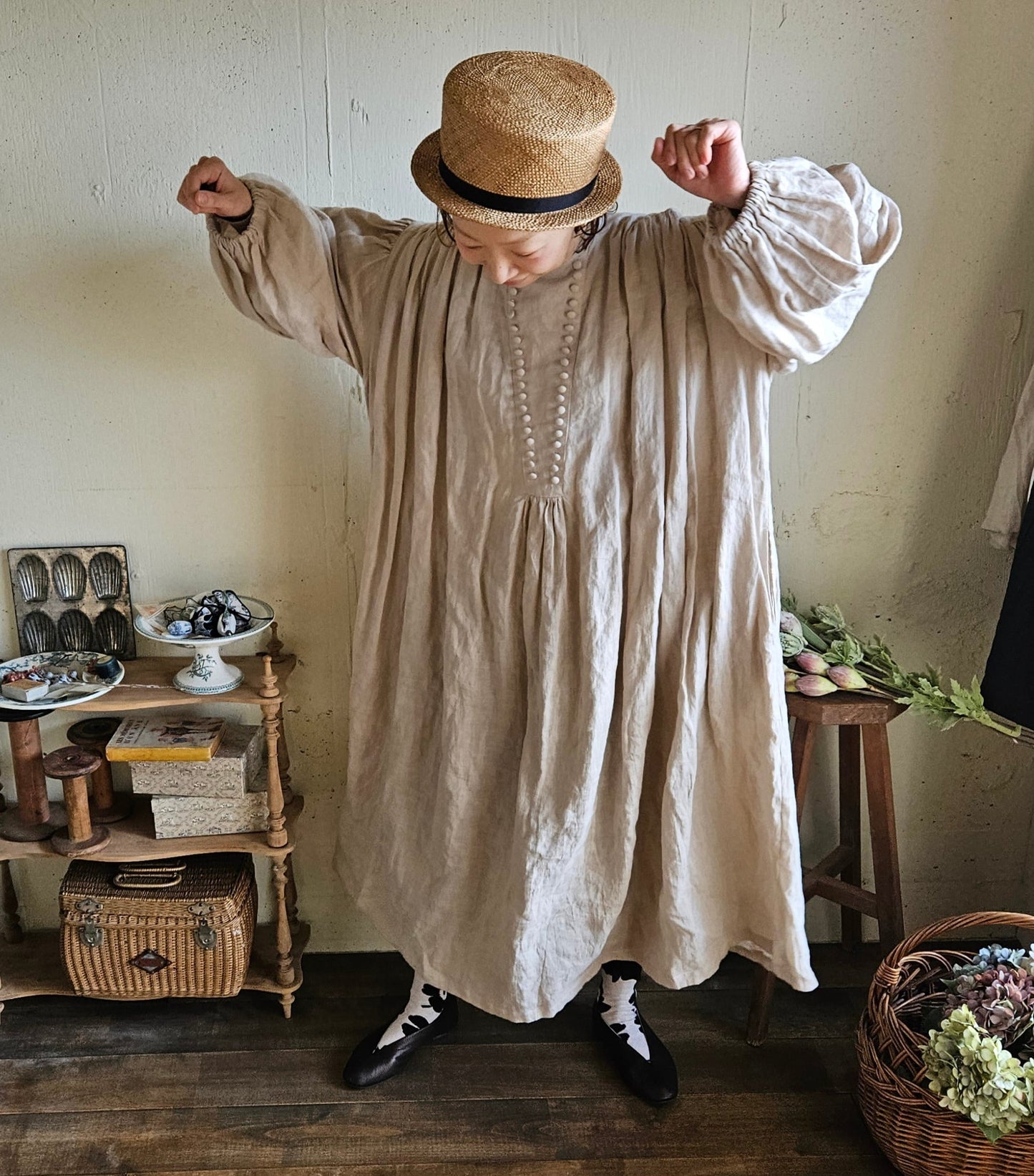 モノガタリワンピース milk tea beige ミルクティベージュ フレンチリネンワンピース