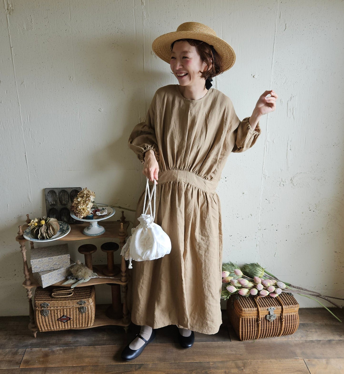 【kurumi brown】クルミブラウン　コレクトレイクリネンギャザーワンピース　 Linen gather　onepiece