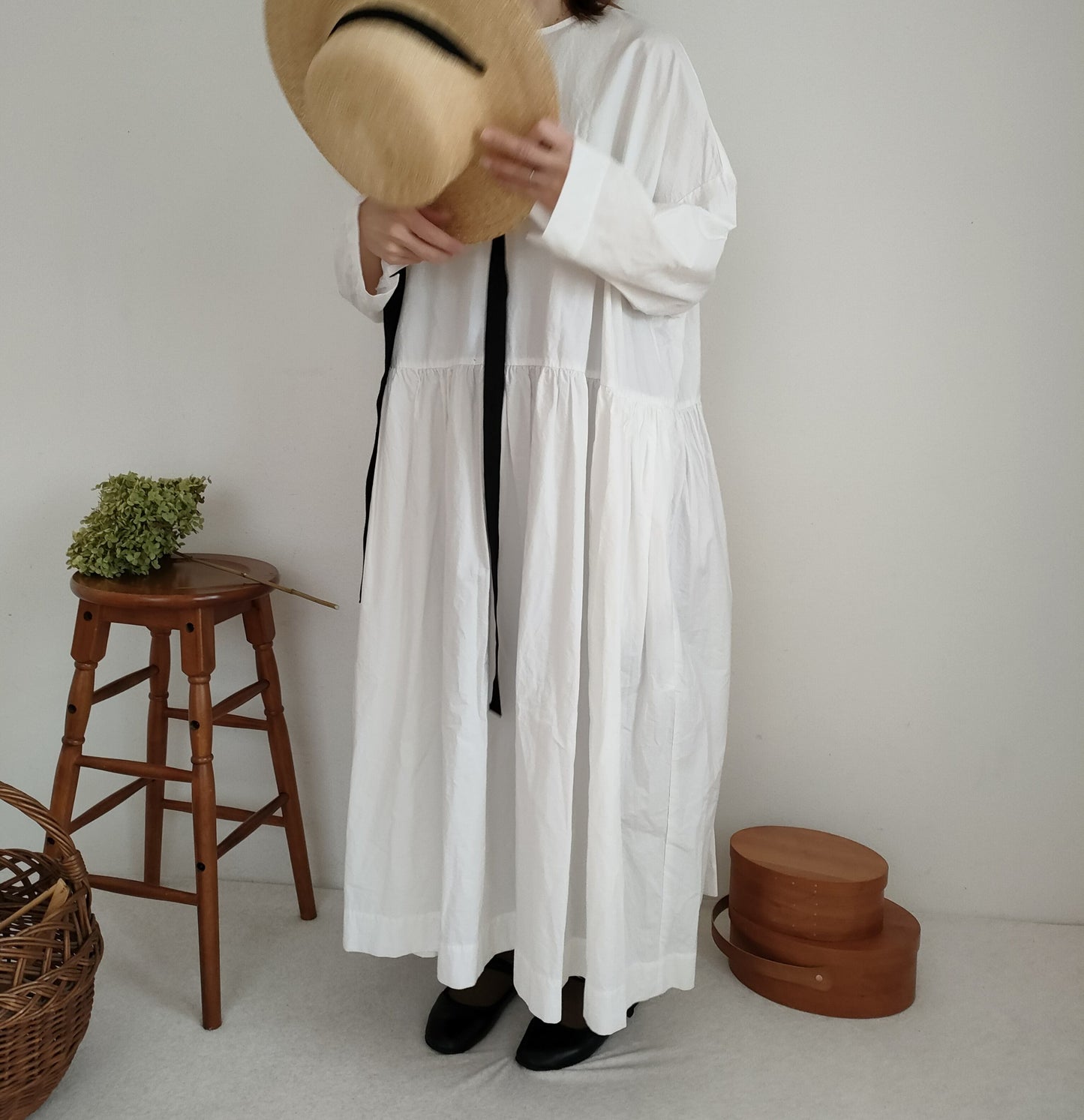 【Mat White】modernist switching gather Onepiece  コットンワンピース　Aライン　ギャザーワンピース　ガーゼ gauze#