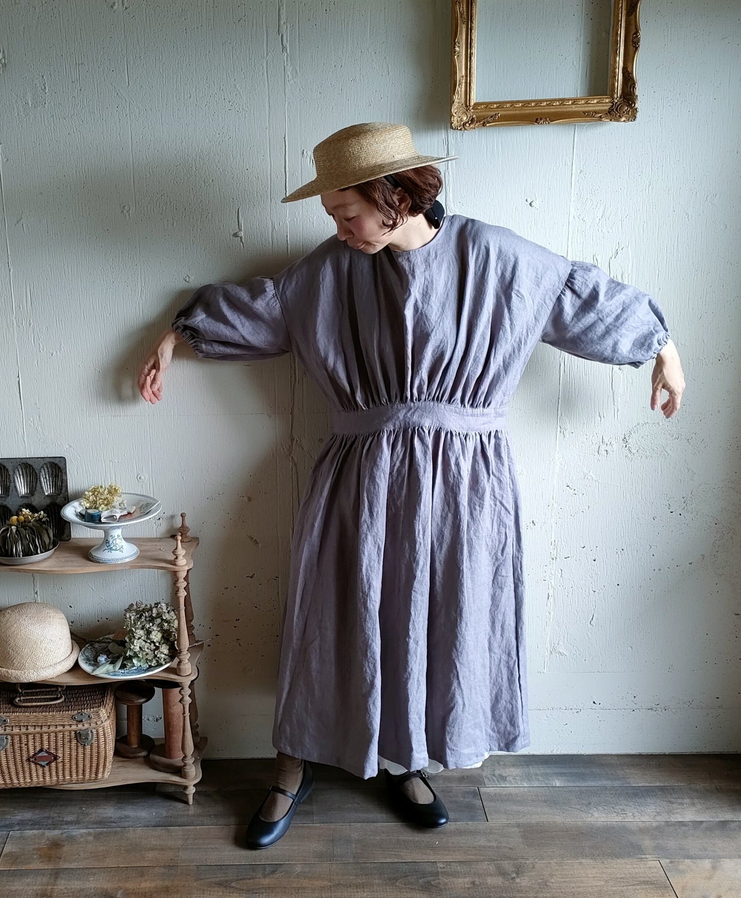 【Ash lavender】アッシュラベンダー　フレンチリネンギャザーワンピース　French linen Gather Onepiece　リネンワンピース　ナチュラルワンピース　フレンチリネン