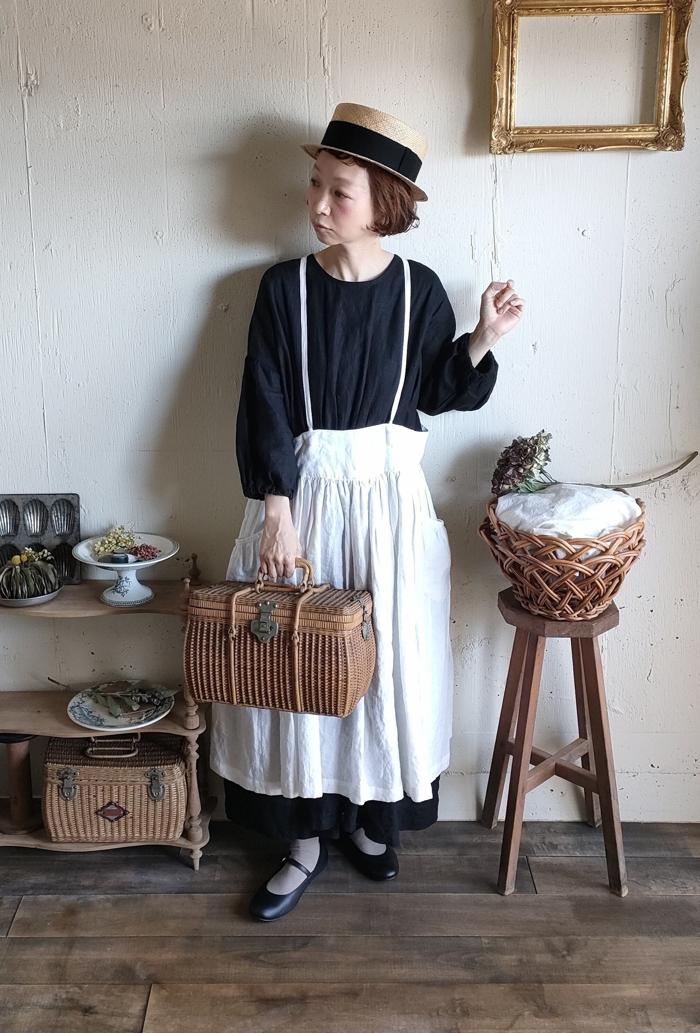 Ecru White　2way サスペンダーギャザータブリエ　French Linen Gather tablier 　アンティークタブリエ　リネンタブリエ