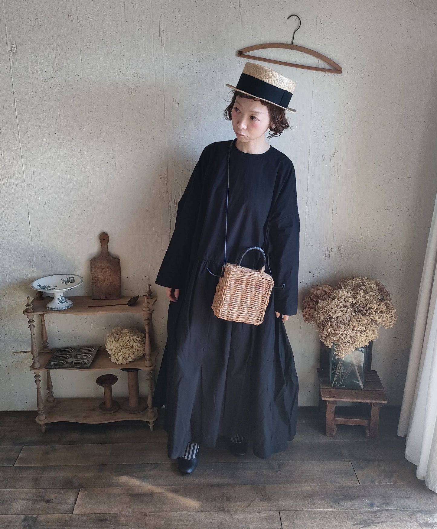 【Mat Black】modernist switching gather Onepiece  コットンワンピース　Aライン　ギャザーワンピース　ガーゼ gauze#