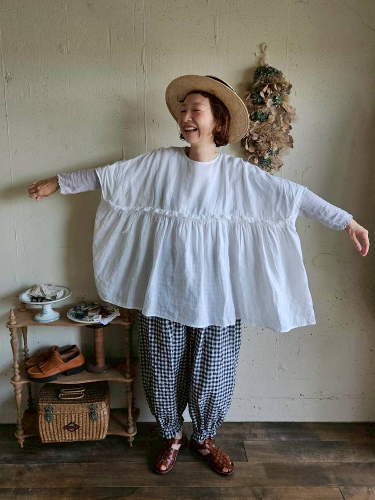 【送料半額】別注！Gauze×meguri.megutte ワイドギャザーブラウス　wide gather blouse