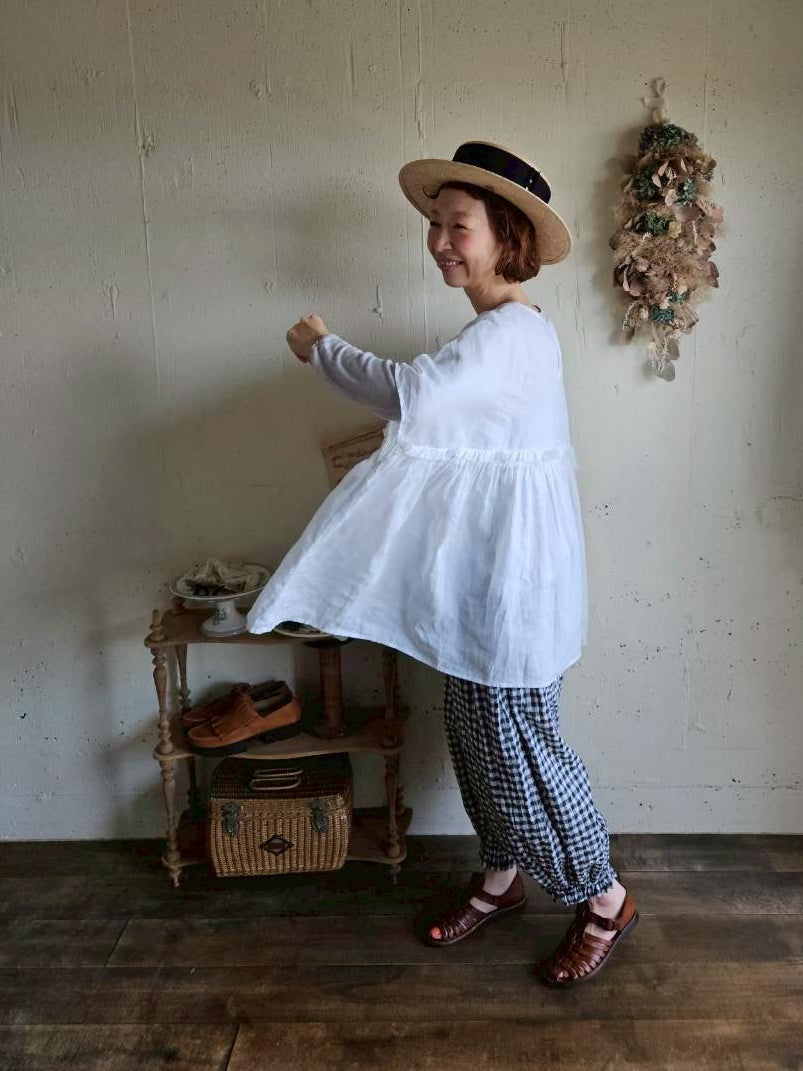 【送料半額】別注！Gauze×meguri.megutte ワイドギャザーブラウス　wide gather blouse