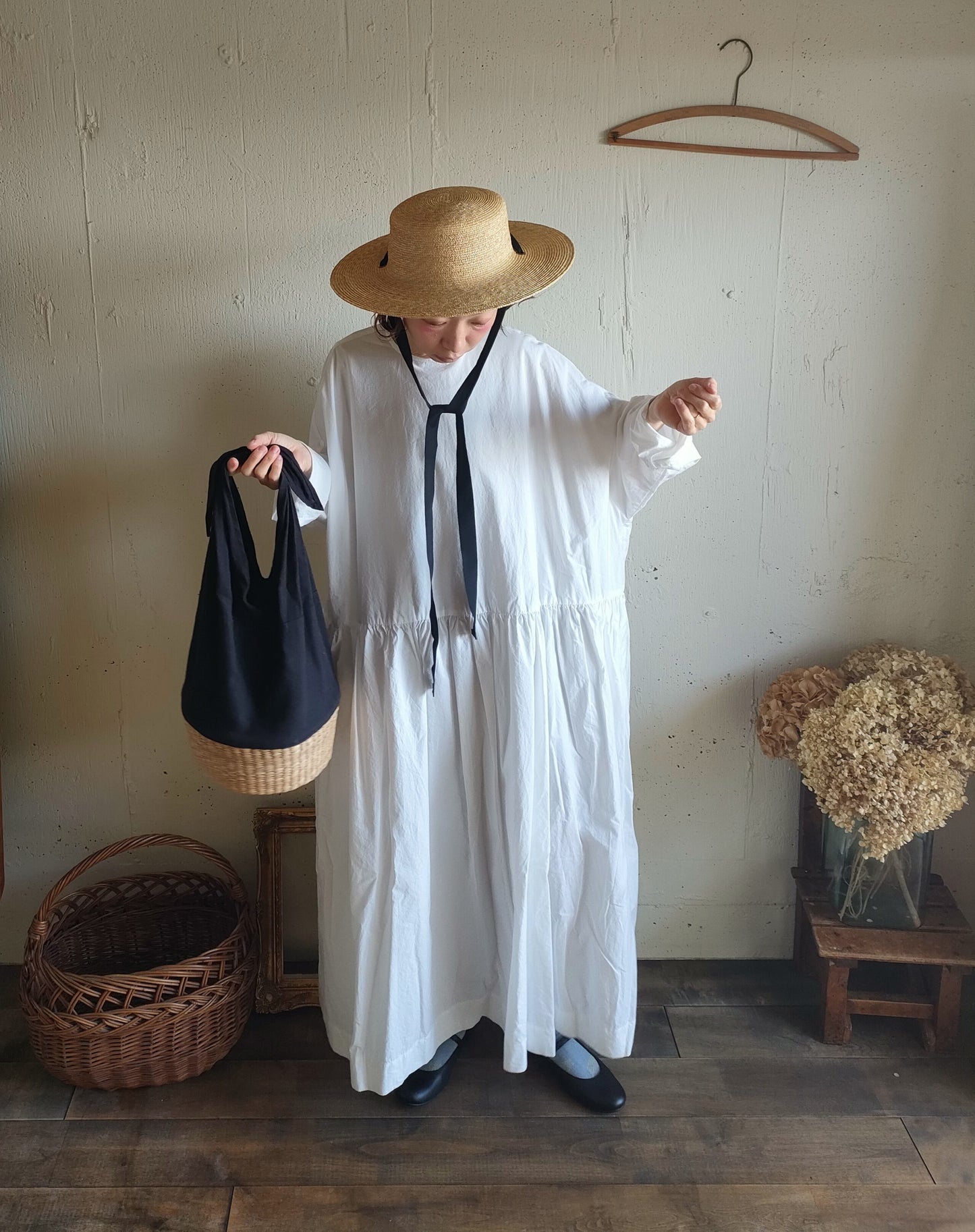 【Mat White】modernist switching gather Onepiece  コットンワンピース　Aライン　ギャザーワンピース　ガーゼ gauze#