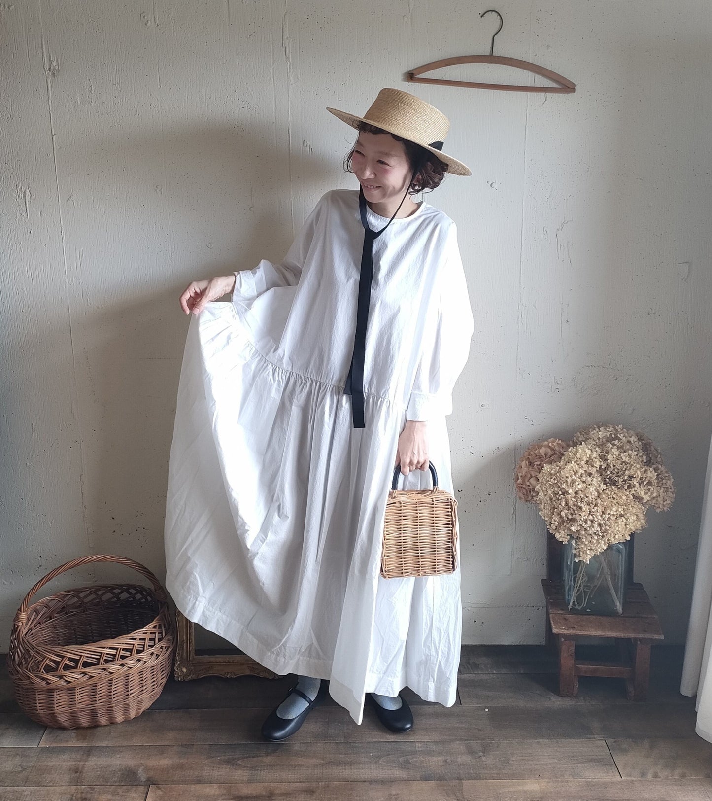 【Mat White】modernist switching gather Onepiece  コットンワンピース　Aライン　ギャザーワンピース　ガーゼ gauze#
