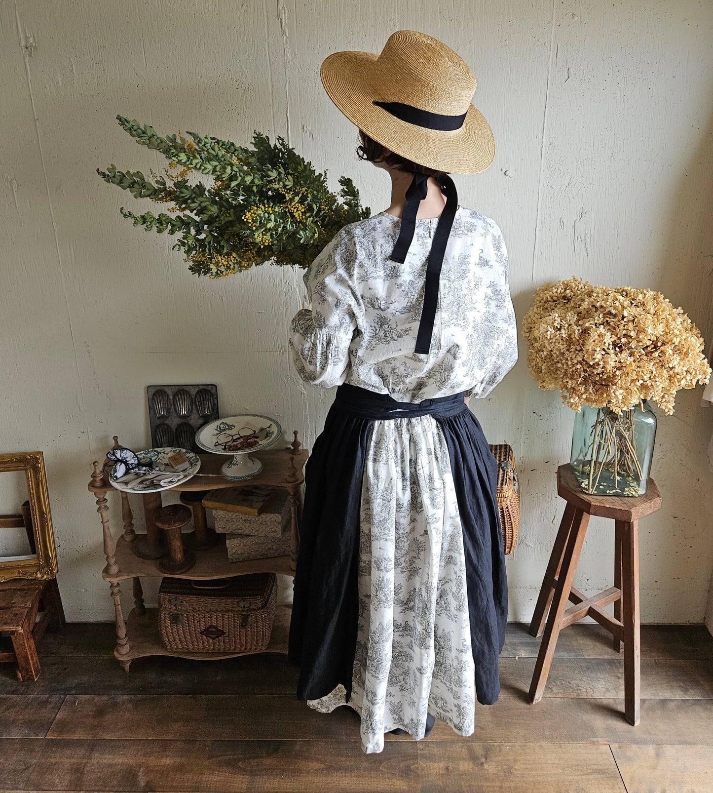 Dark Black　2way サスペンダーギャザータブリエ　French Linen Gather tablier