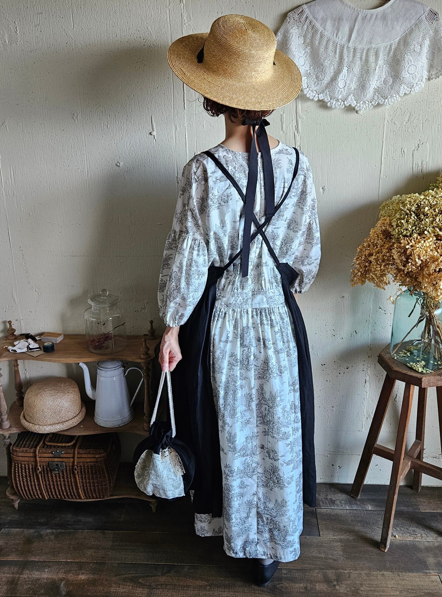 Dark Black　2way サスペンダーギャザータブリエ　French Linen Gather tablier