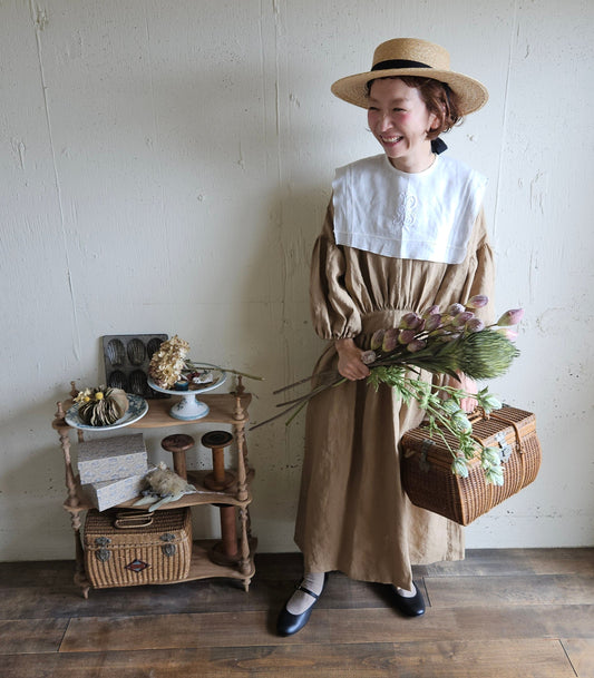 【kurumi brown】クルミブラウン　コレクトレイクリネンギャザーワンピース　 Linen gather　onepiece