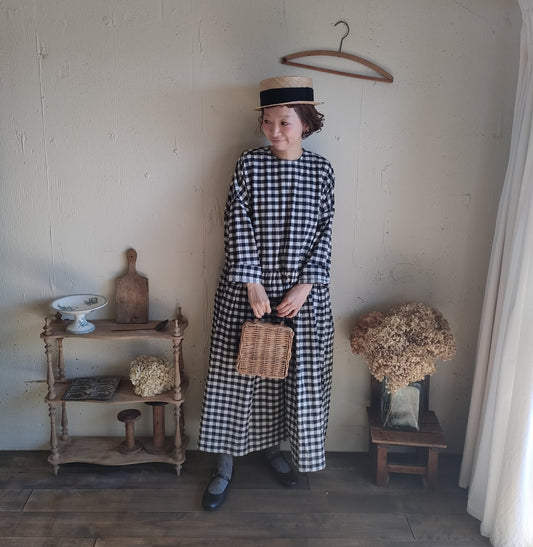 【Gingham check】modernist switching gather Onepiece  コットンワンピース　Aライン　ギャザーワンピース　ガーゼ gauze#