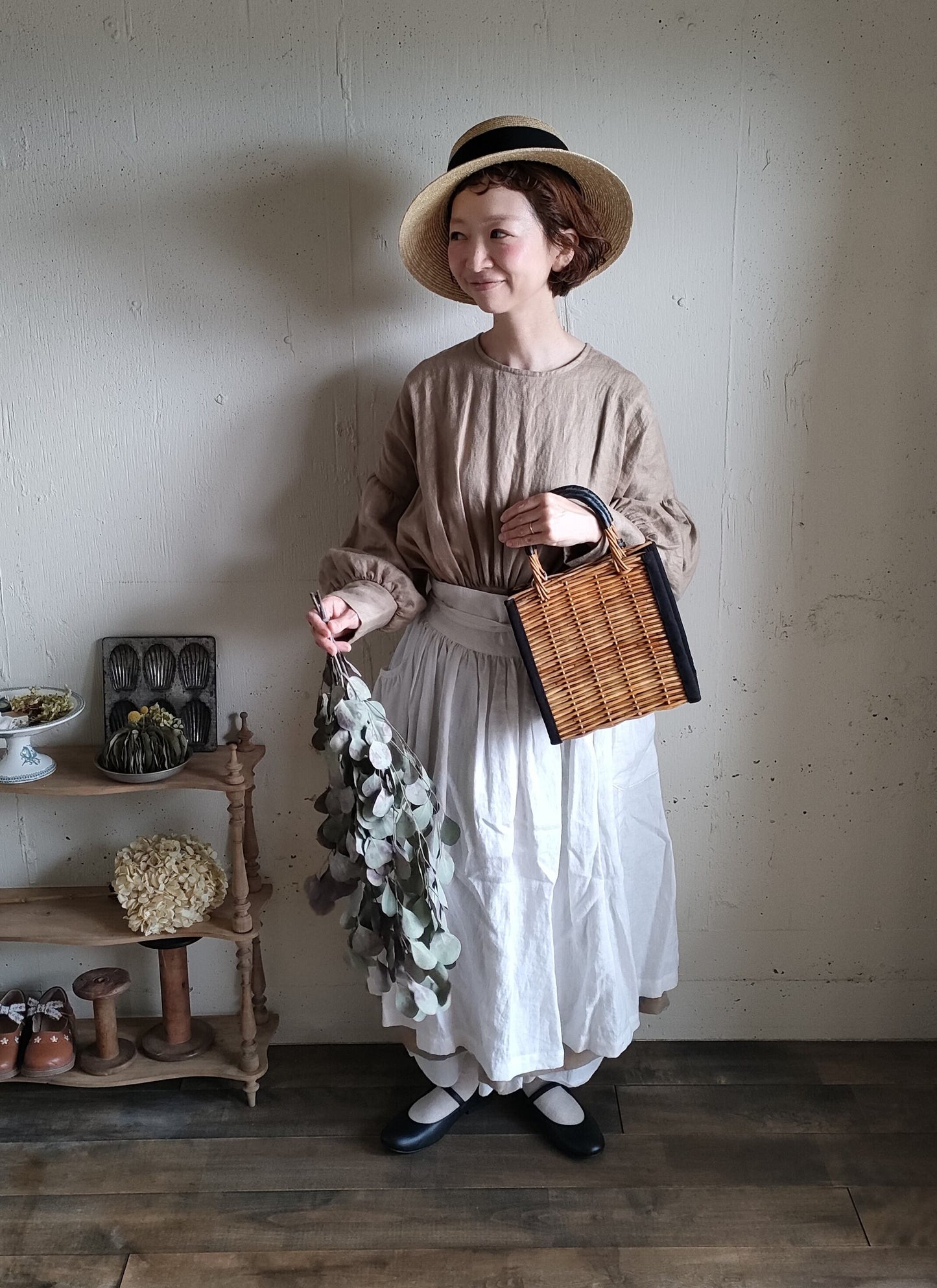 French Linen Ayaori Gather onepiece　アヤオリギャザーワンピース　フレンチリネンギャザーワンピース　リネンワンピース　ナチュラルワンピース　フレンチリネン　