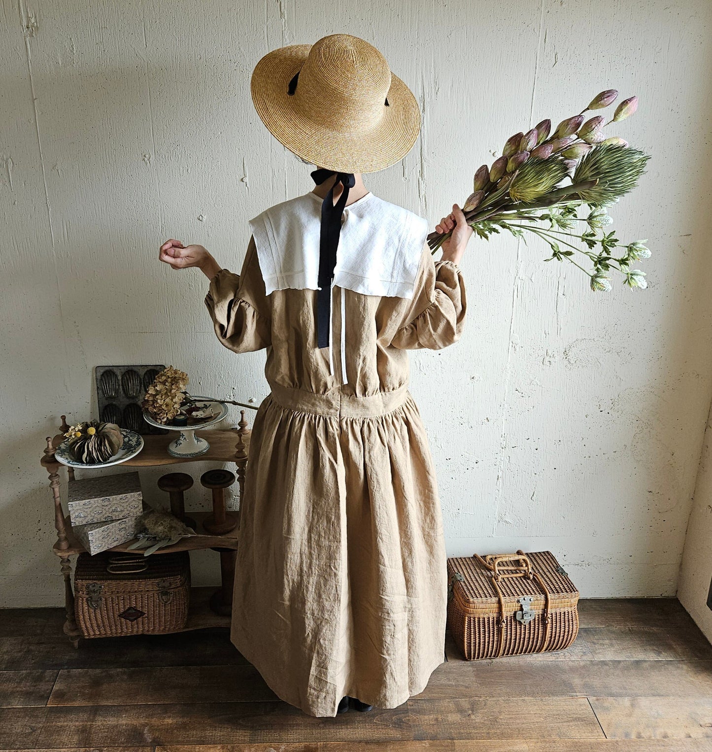 【kurumi brown】クルミブラウン　コレクトレイクリネンギャザーワンピース　 Linen gather　onepiece
