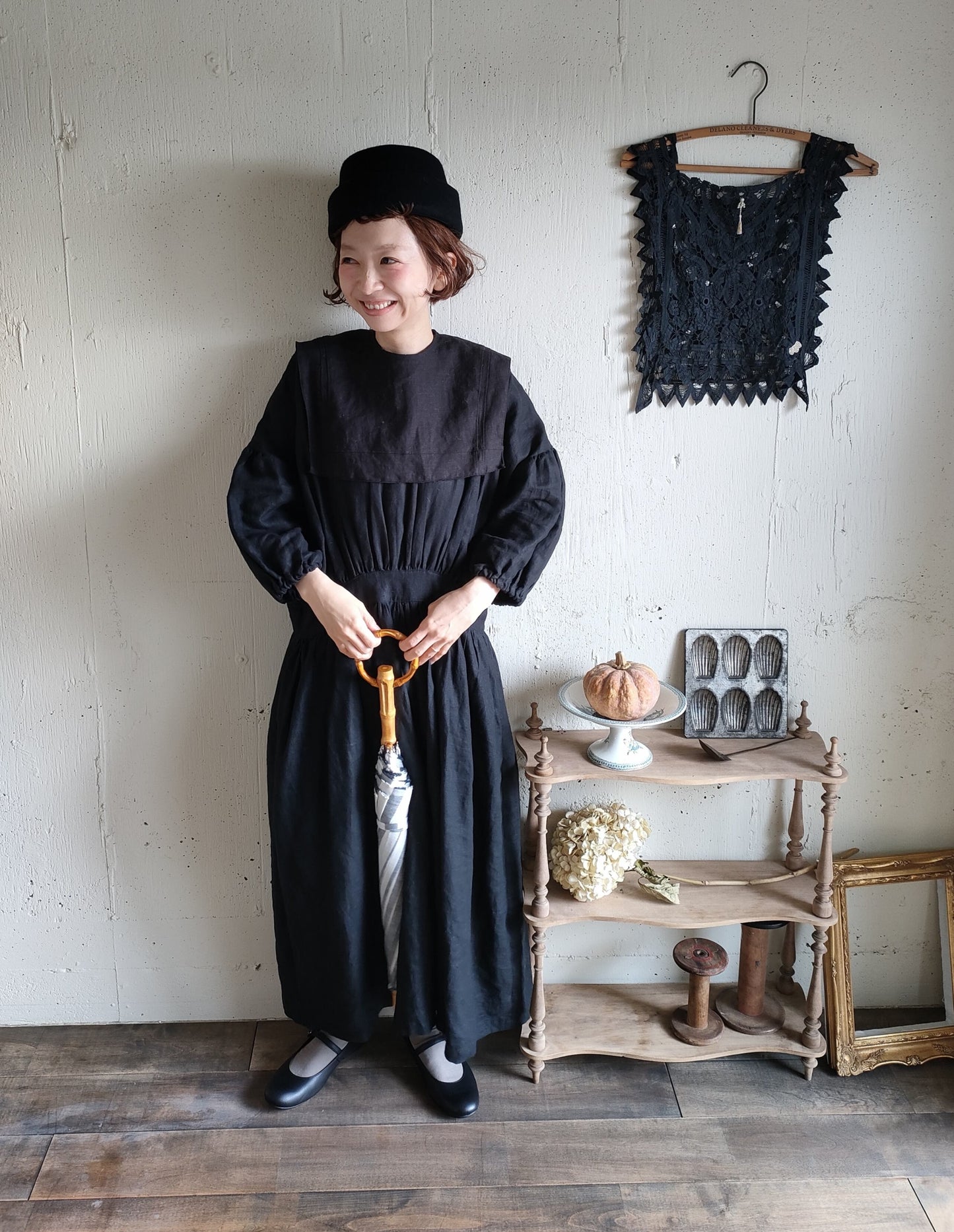 【Dark Black】Antique wash Linen collar 柔らかなアンティークウォッシュリネンのつけ襟　リネンつけ襟　アンティーク加工リネン生地　つけ衿