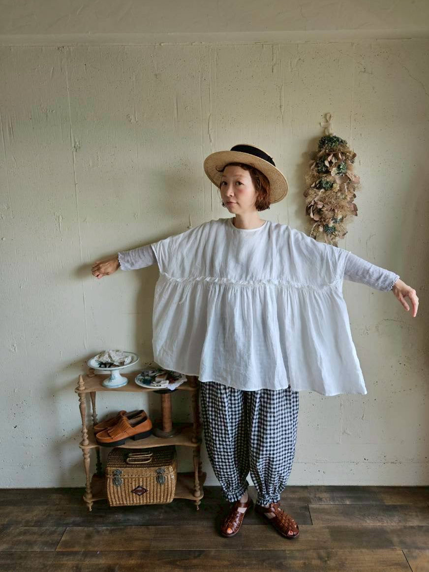 【送料半額】別注！Gauze×meguri.megutte ワイドギャザーブラウス　wide gather blouse