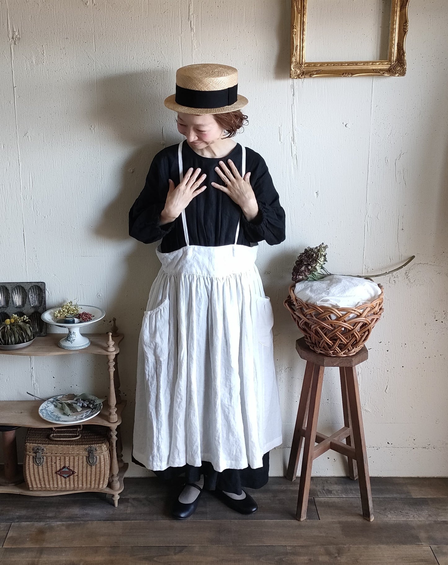 Ecru White　2way サスペンダーギャザータブリエ　French Linen Gather tablier 　アンティークタブリエ　リネンタブリエ