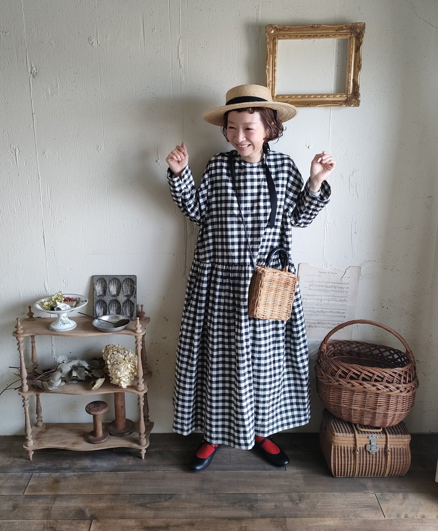 【Gingham check】modernist switching gather Onepiece  コットンワンピース　Aライン　ギャザーワンピース　ガーゼ gauze#