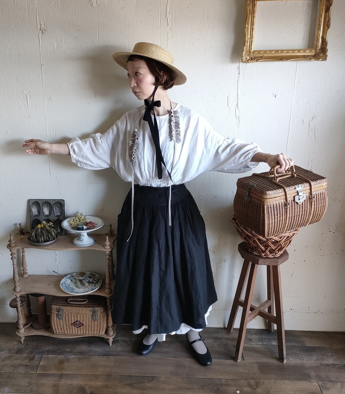 Dark Black　2way サスペンダーギャザータブリエ　French Linen Gather tablier