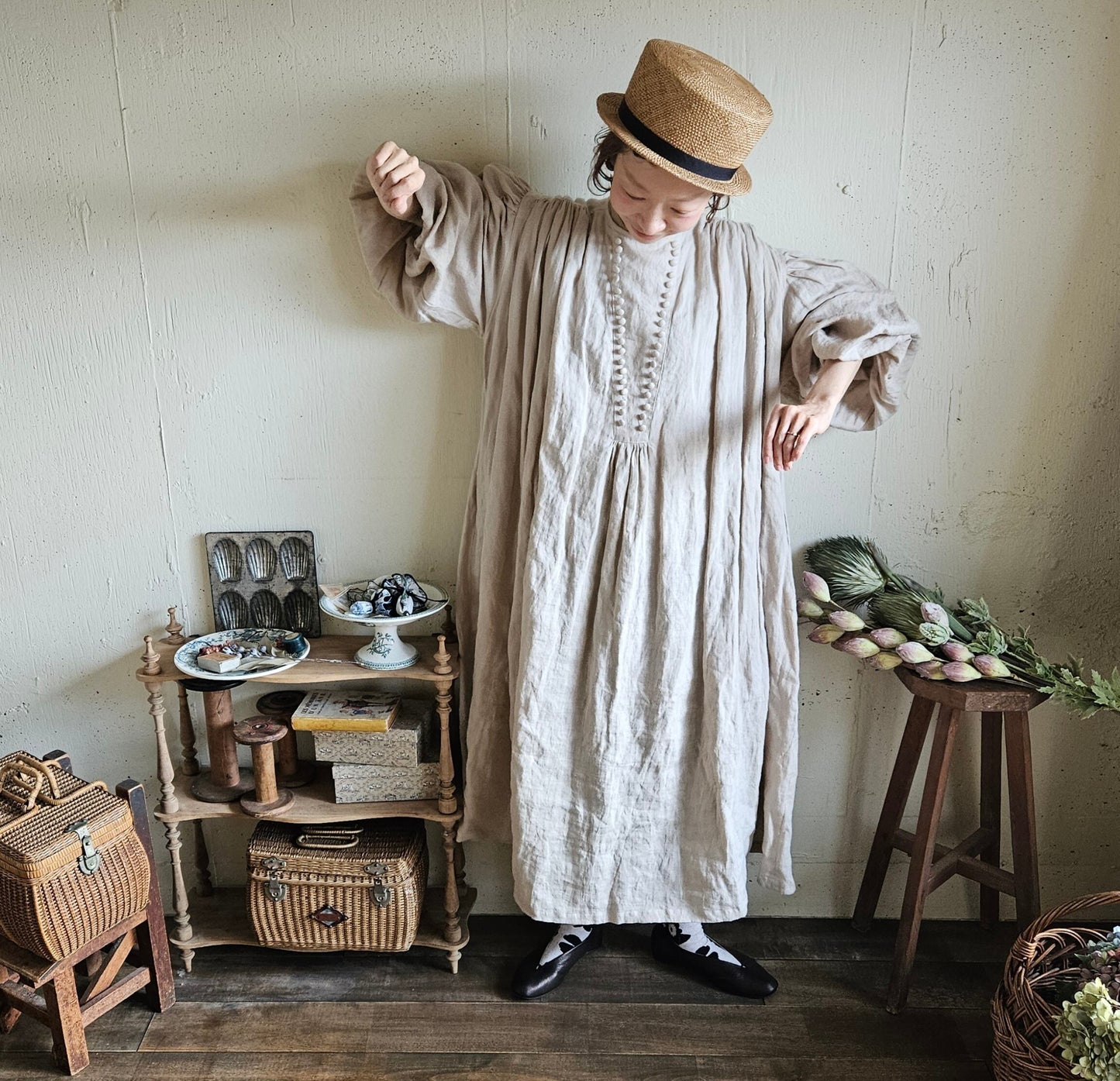 モノガタリワンピース milk tea beige ミルクティベージュ フレンチリネンワンピース
