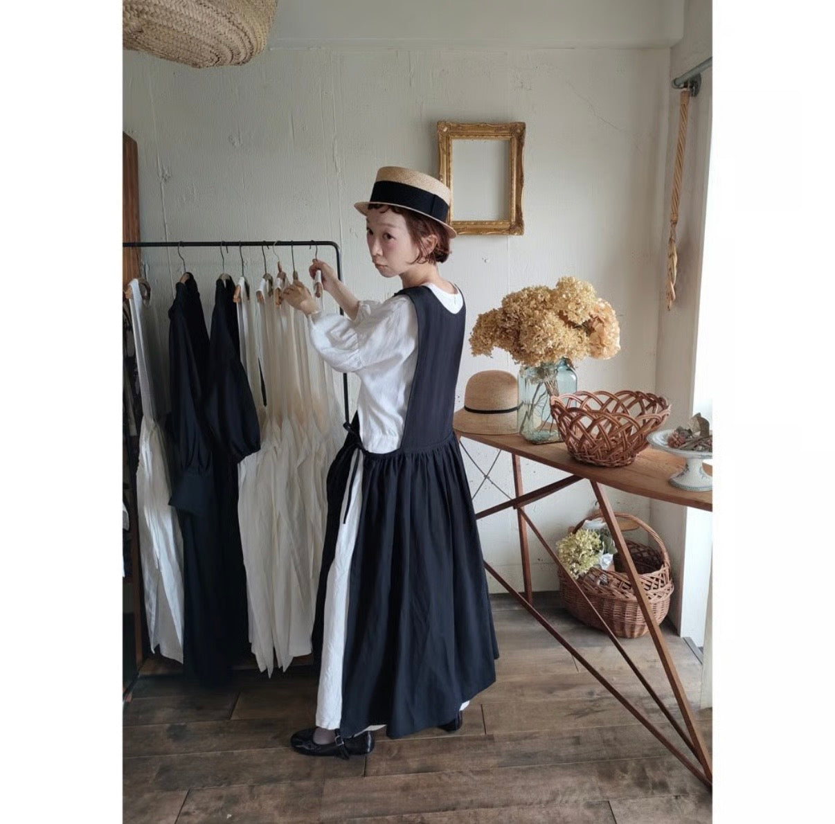 Dark Black フレンチリネンエプロンワンピース　フレンチリネンワンピース　FrenchLinen Apron onepiece