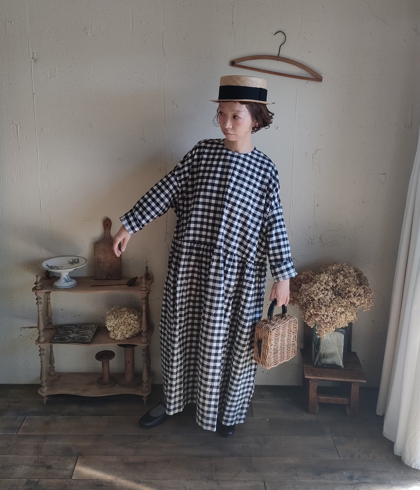 【Gingham check】modernist switching gather Onepiece  コットンワンピース　Aライン　ギャザーワンピース　ガーゼ gauze#