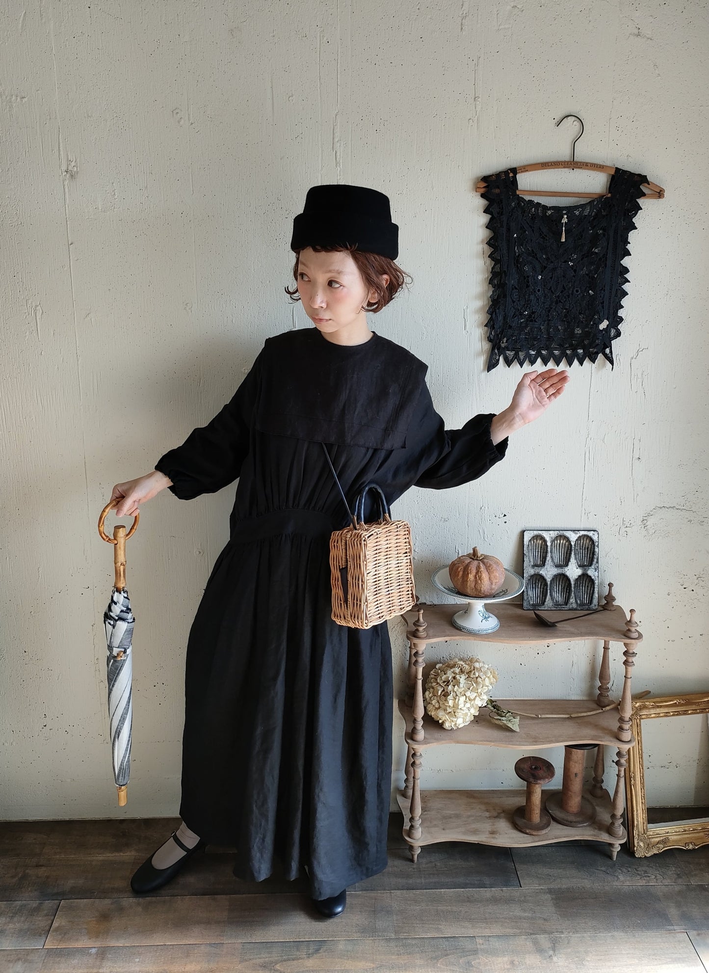 【Dark Black】Antique wash Linen collar 柔らかなアンティークウォッシュリネンのつけ襟　リネンつけ襟　アンティーク加工リネン生地　つけ衿