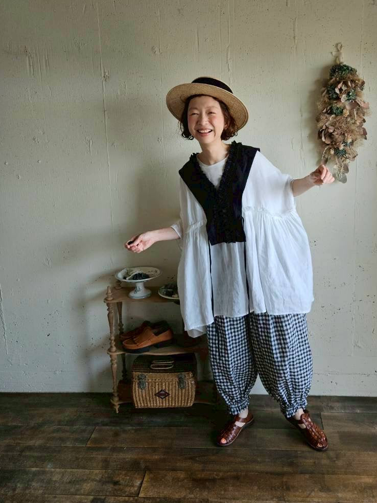 【送料半額】別注！Gauze×meguri.megutte ワイドギャザーブラウス　wide gather blouse