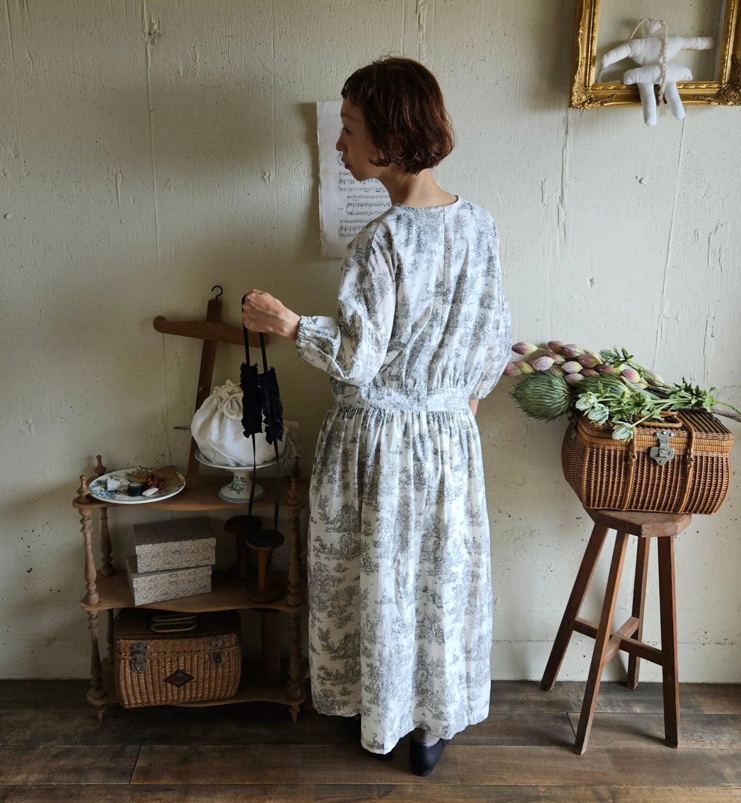 toile de jouy トワルドジュイ柄 ギャザーワンピース French cotton  gather one piece
