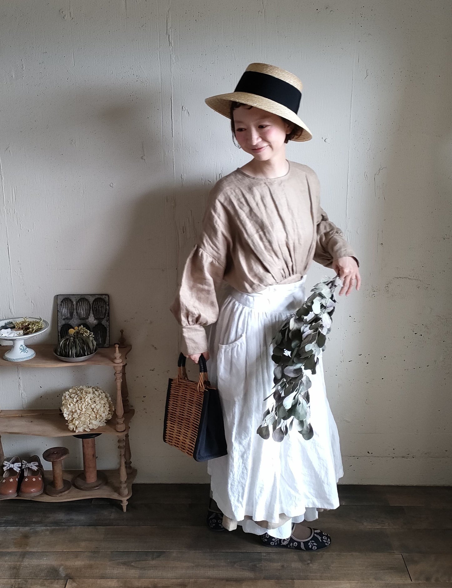 French Linen Ayaori Gather onepiece　アヤオリギャザーワンピース　フレンチリネンギャザーワンピース　リネンワンピース　ナチュラルワンピース　フレンチリネン　