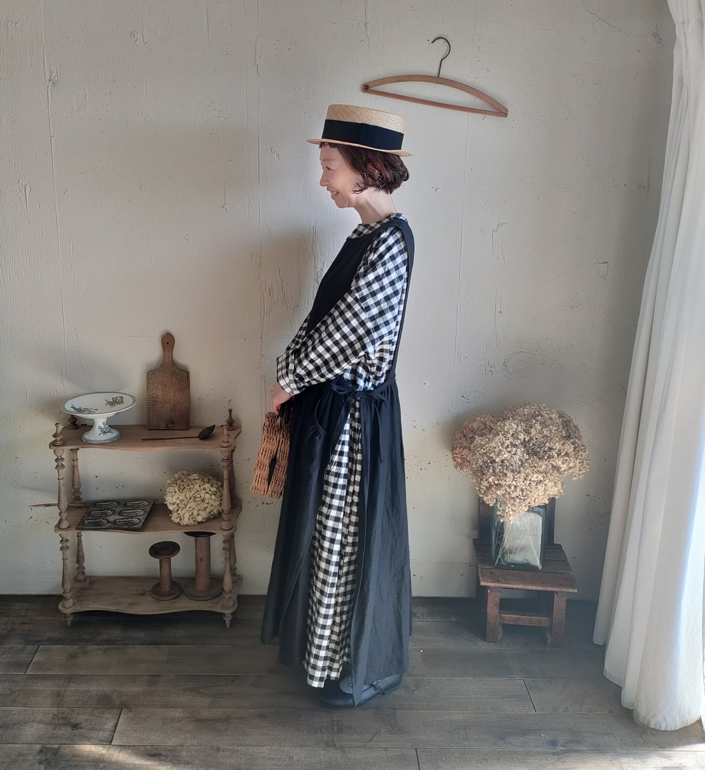 【Gingham check】modernist switching gather Onepiece  コットンワンピース　Aライン　ギャザーワンピース　ガーゼ gauze#
