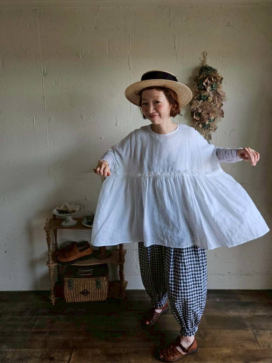 【送料半額】別注！Gauze×meguri.megutte ワイドギャザーブラウス　wide gather blouse
