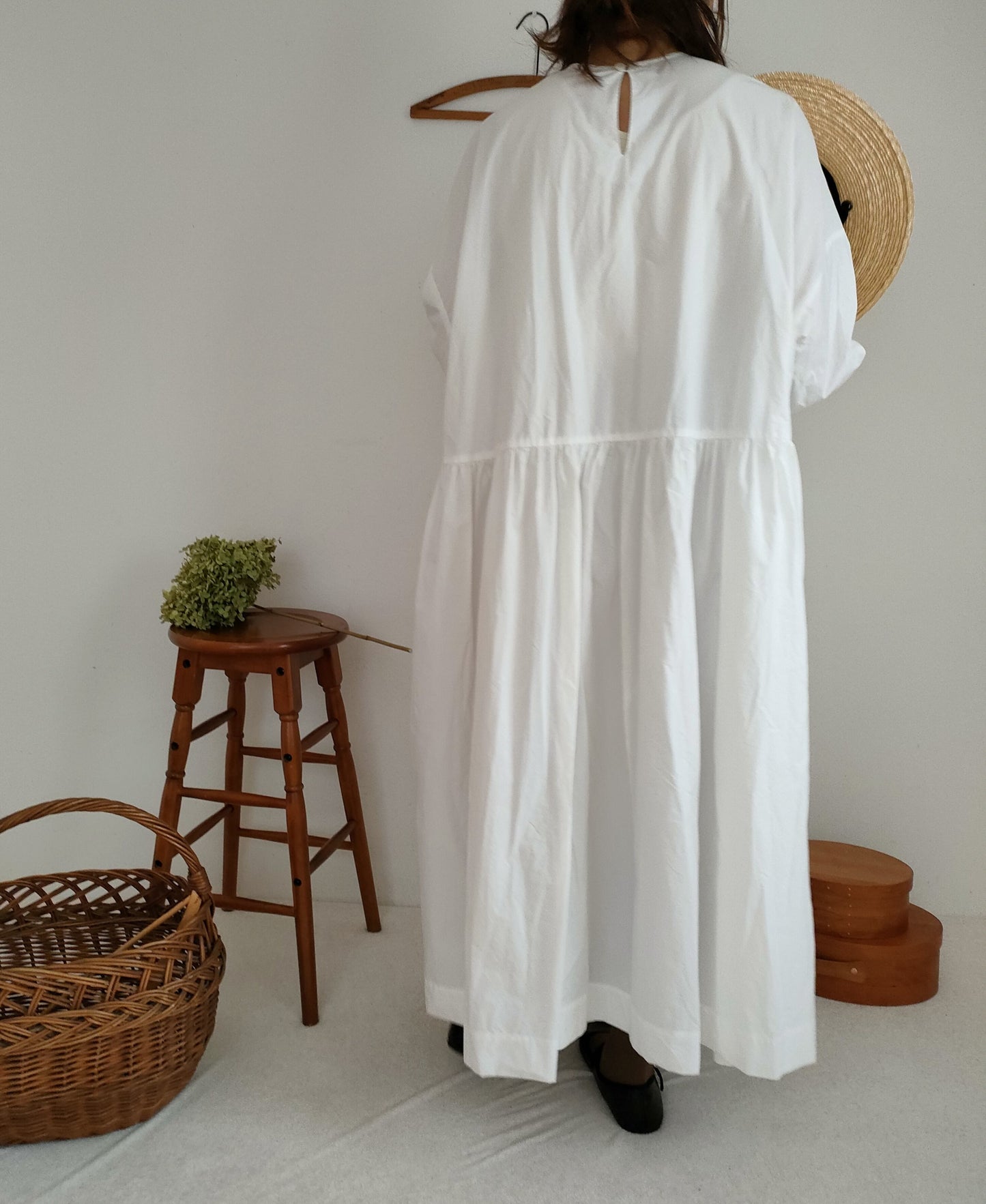 【Mat White】modernist switching gather Onepiece  コットンワンピース　Aライン　ギャザーワンピース　ガーゼ gauze#