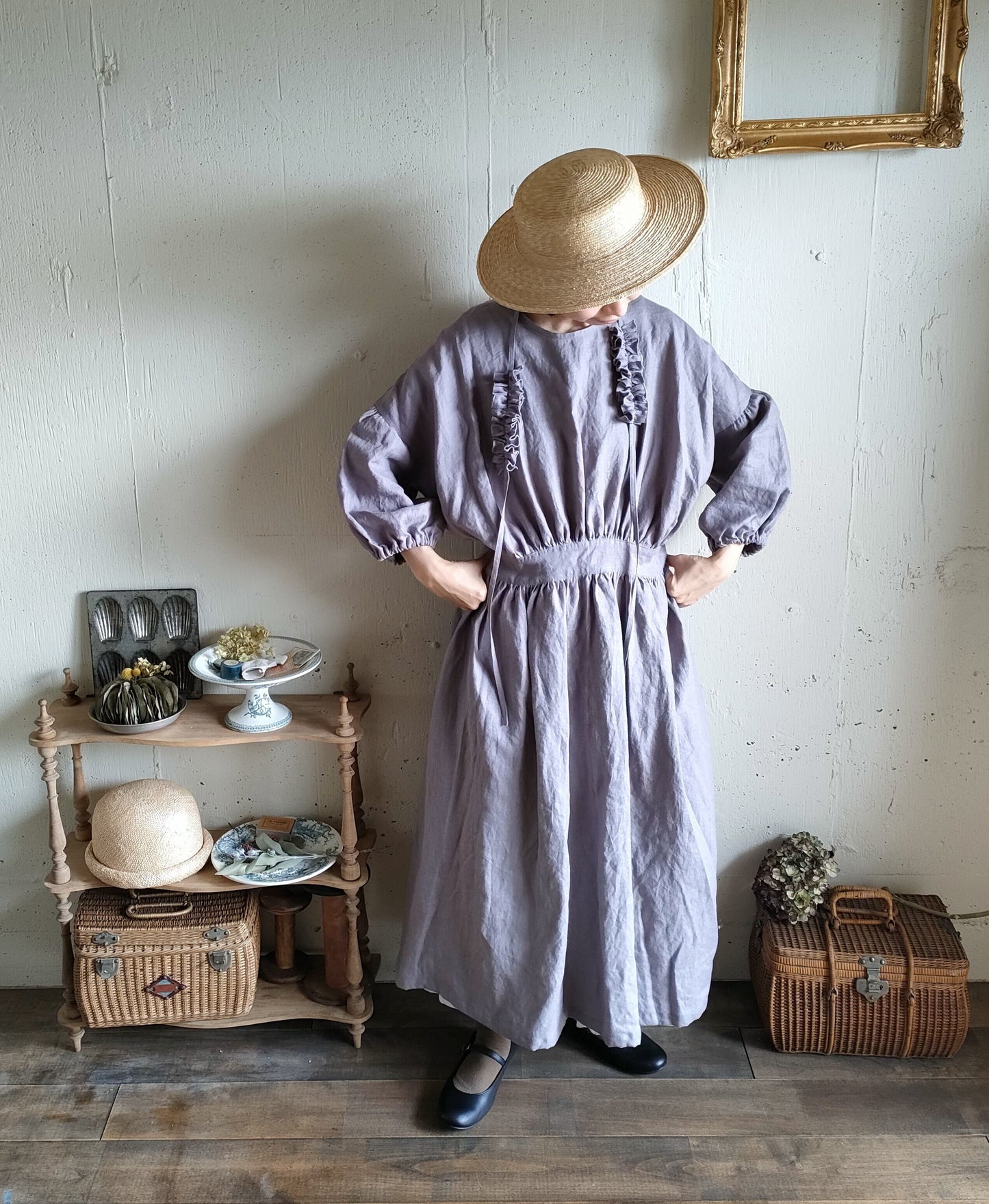 【Ash lavender】アッシュラベンダー　フレンチリネンギャザーワンピース　French linen Gather Onepiece　リネンワンピース　ナチュラルワンピース　フレンチリネン
