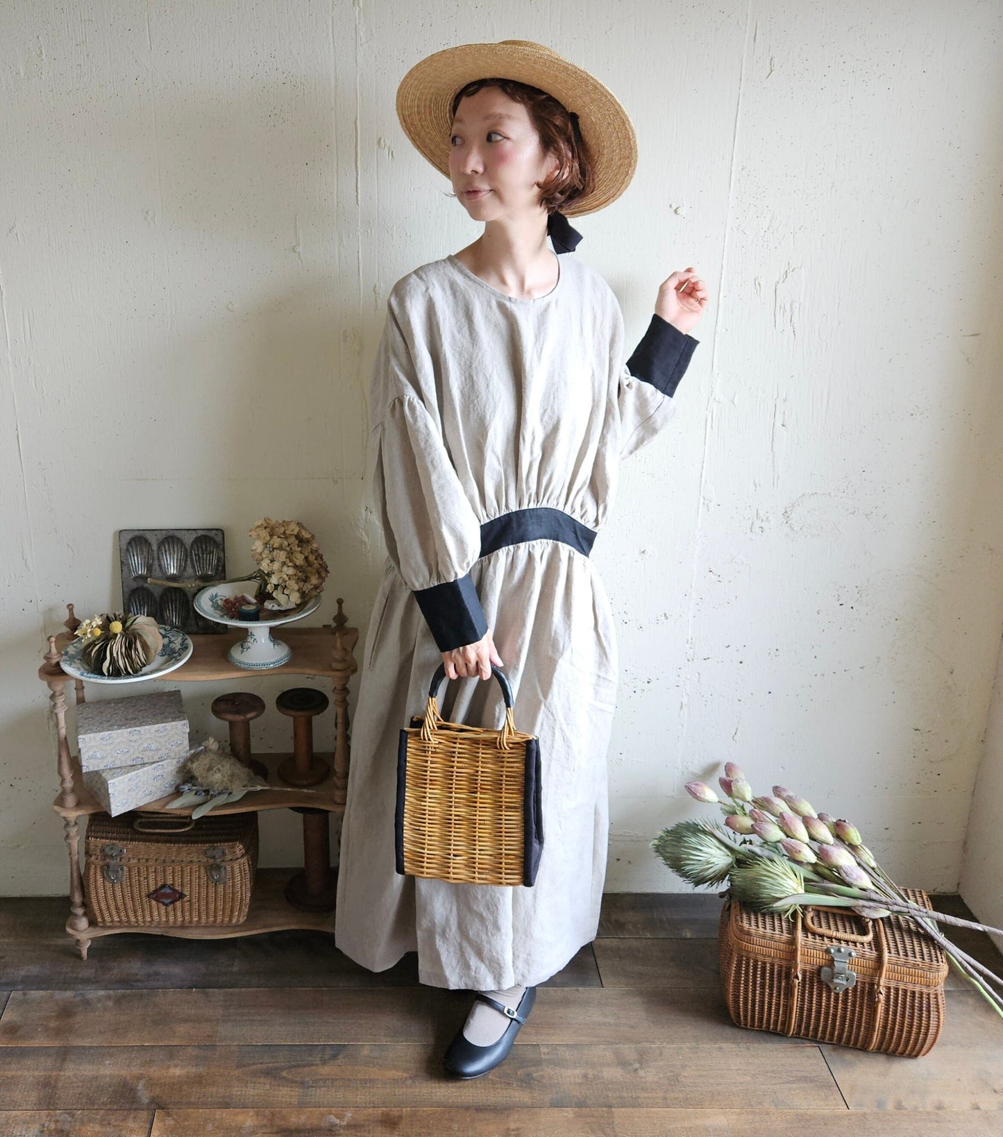 【kinari × Black】キナリ×ブラック bicollar cuffs gather onepice