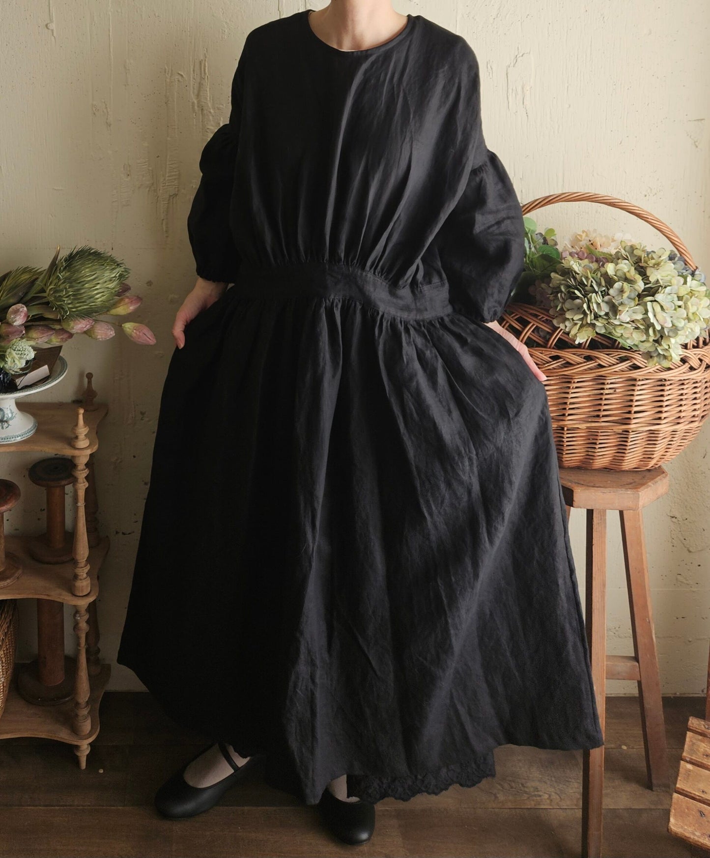 Dark Black　フレンチリネンギャザーワンピース　リネンワンピース　ナチュラルワンピース　フレンチリネン