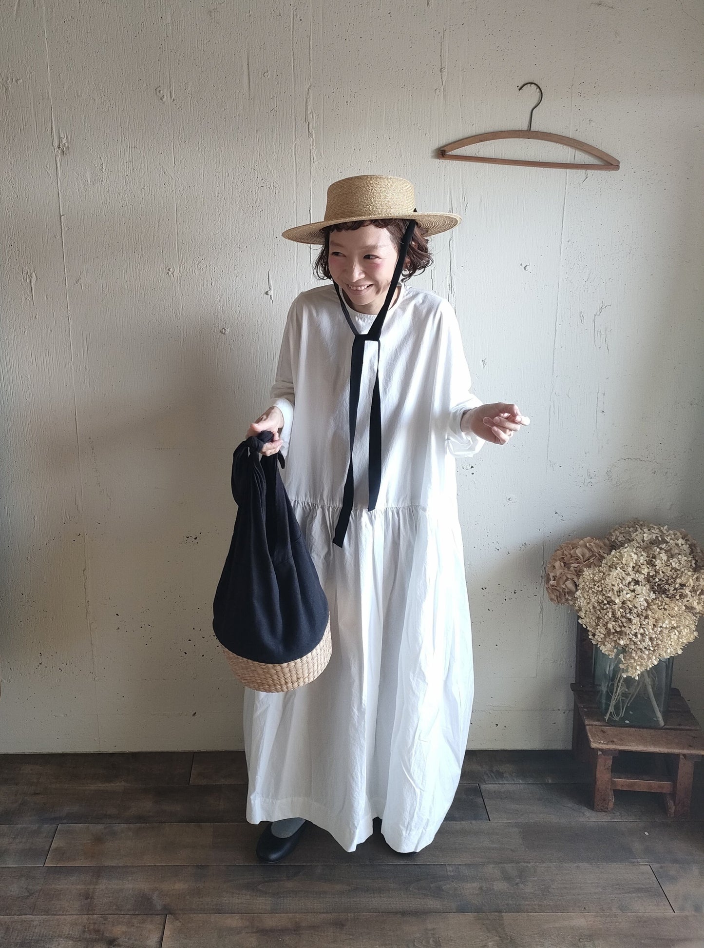 【Mat White】modernist switching gather Onepiece  コットンワンピース　Aライン　ギャザーワンピース　ガーゼ gauze#