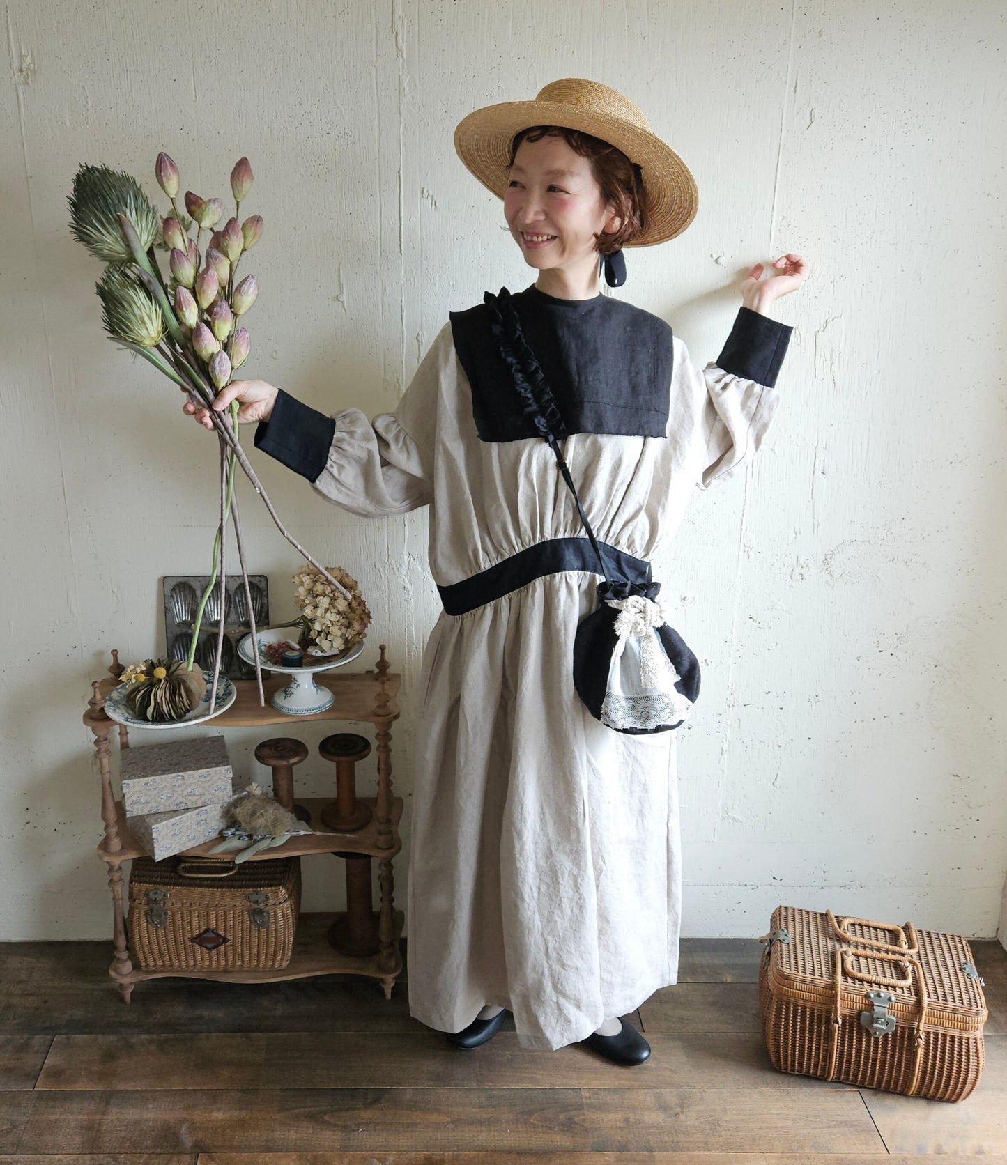 【kinari × Black】キナリ×ブラック bicollar cuffs gather onepice