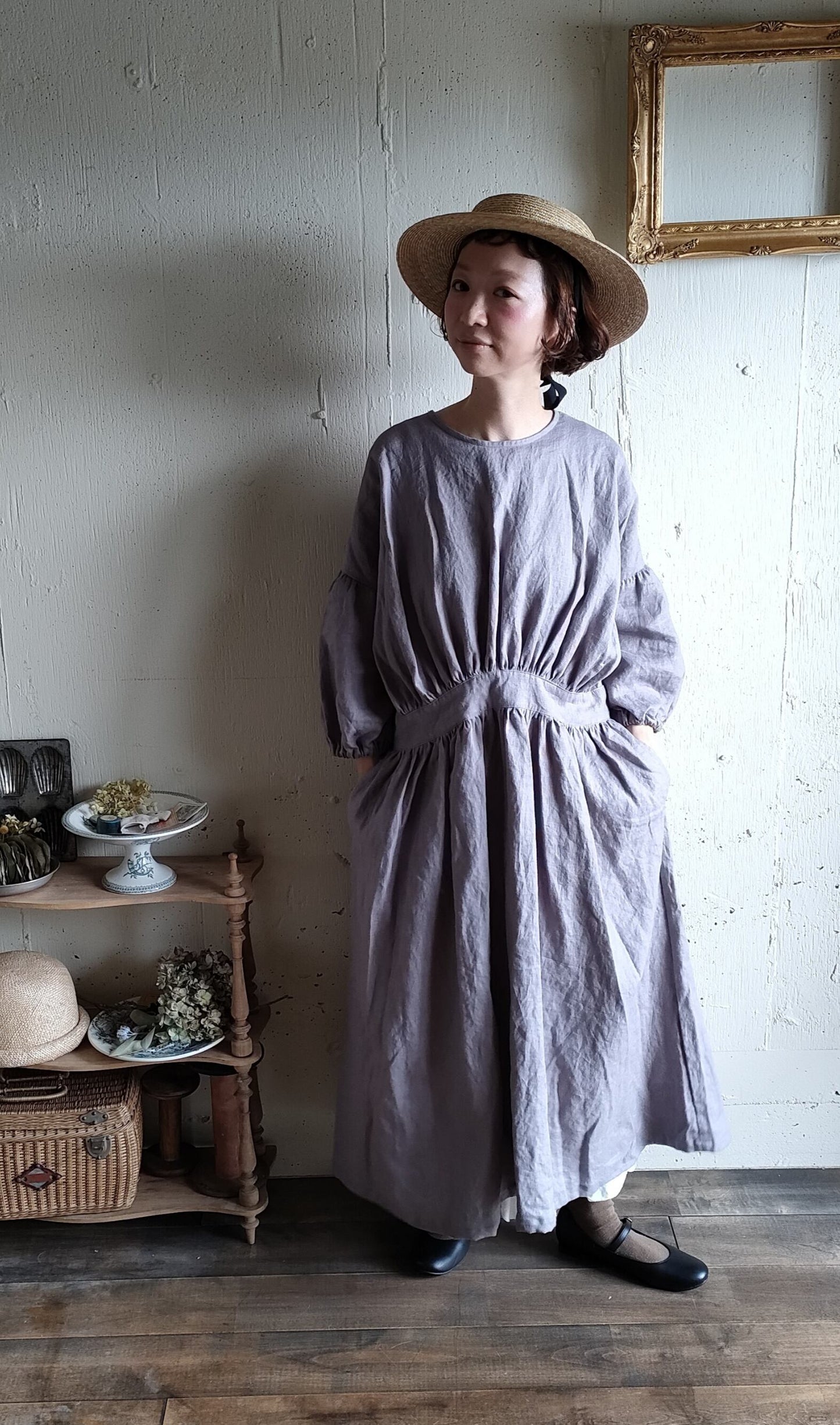 【Ash lavender】アッシュラベンダー　フレンチリネンギャザーワンピース　French linen Gather Onepiece　リネンワンピース　ナチュラルワンピース　フレンチリネン