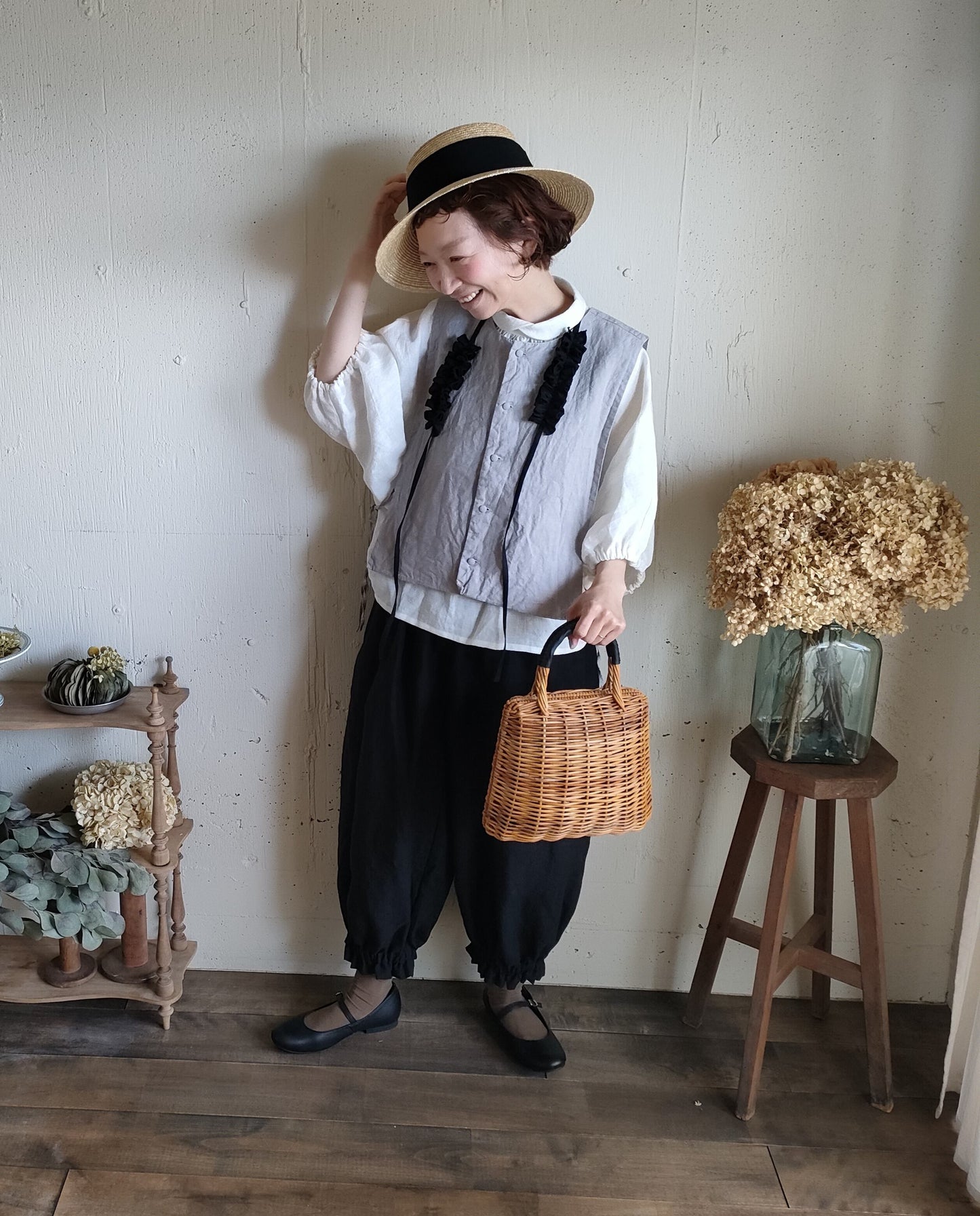 Natural Straw Hat　Black Ribbon  ナチュラル麦わら帽子　ストローハット