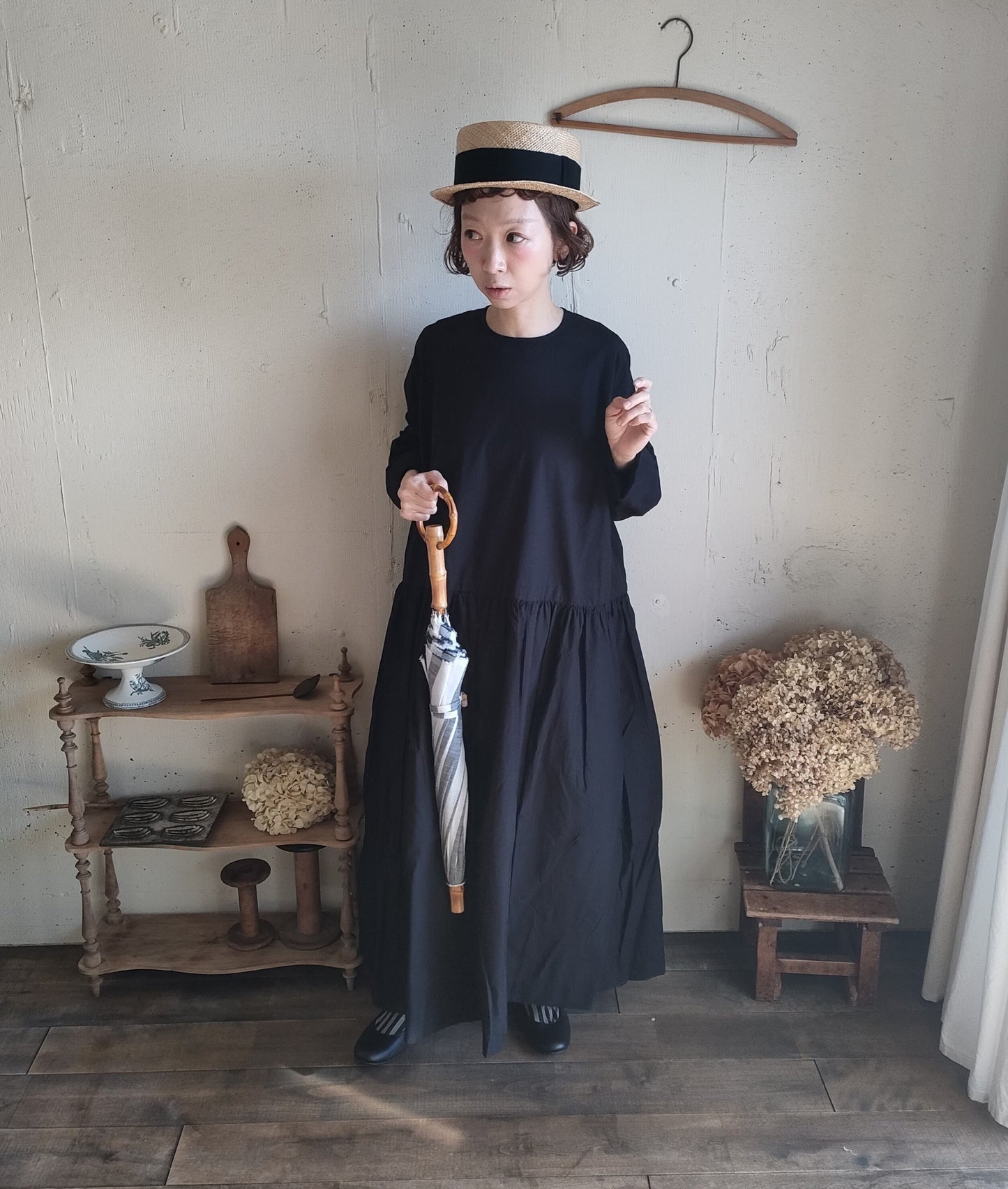 【Mat Black】modernist switching gather Onepiece  コットンワンピース　Aライン　ギャザーワンピース　ガーゼ gauze#