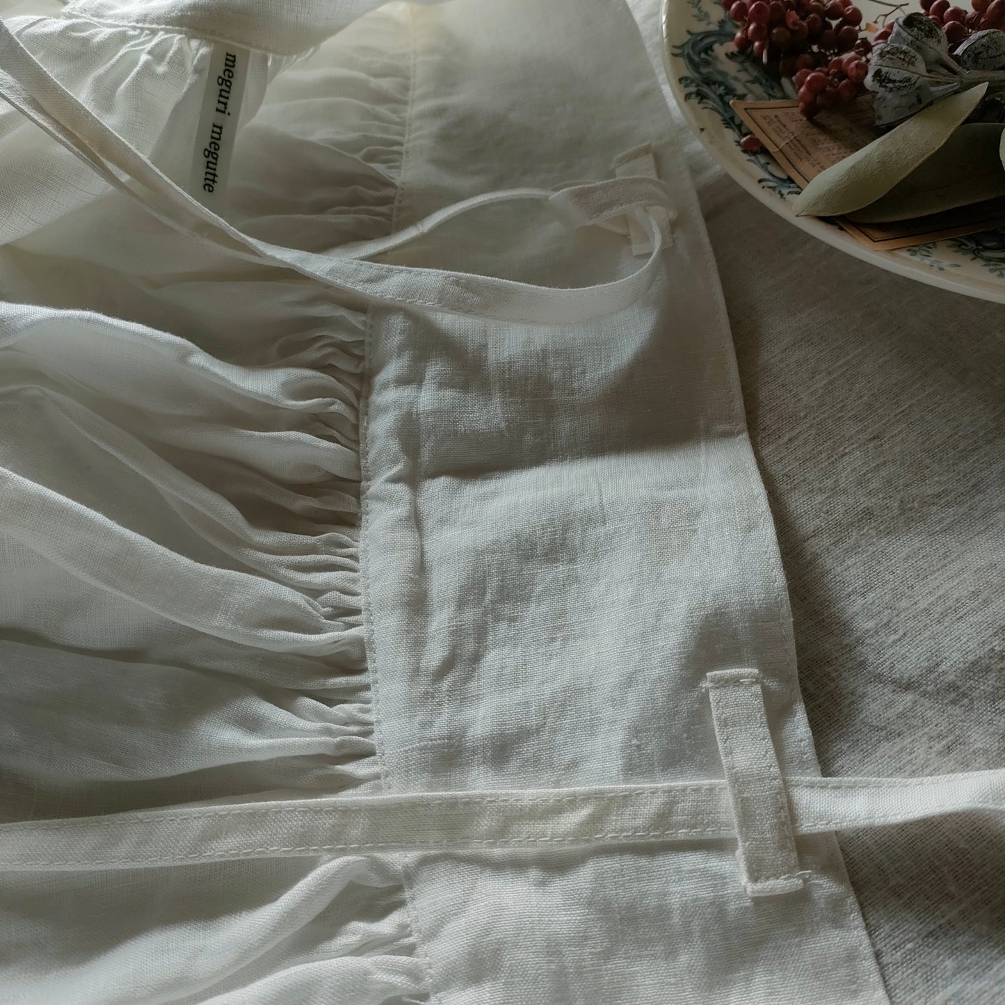 Ecru White　2way サスペンダーギャザータブリエ　French Linen Gather tablier 　アンティークタブリエ　リネンタブリエ