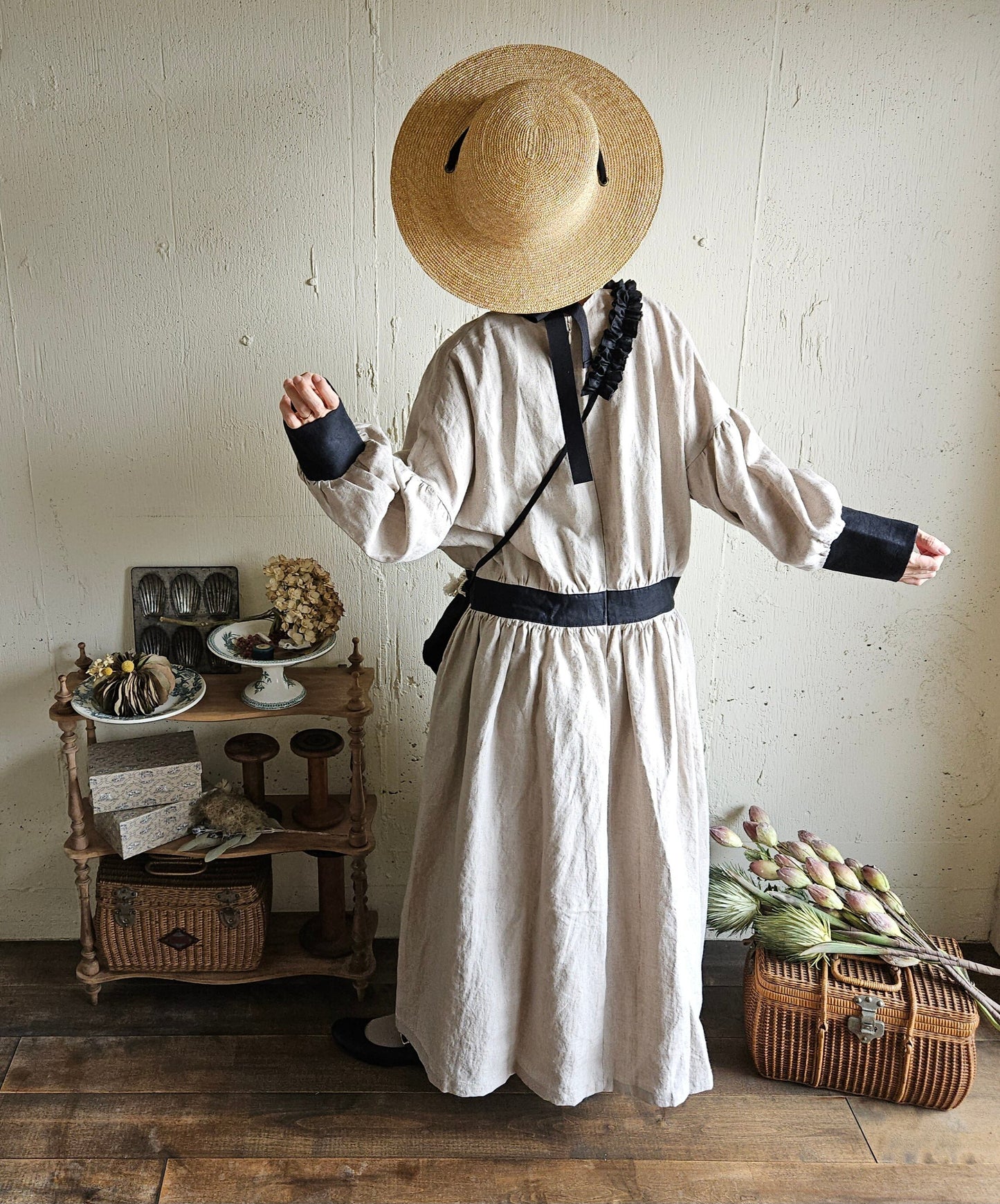 【kinari × Black】キナリ×ブラック bicollar cuffs gather onepice