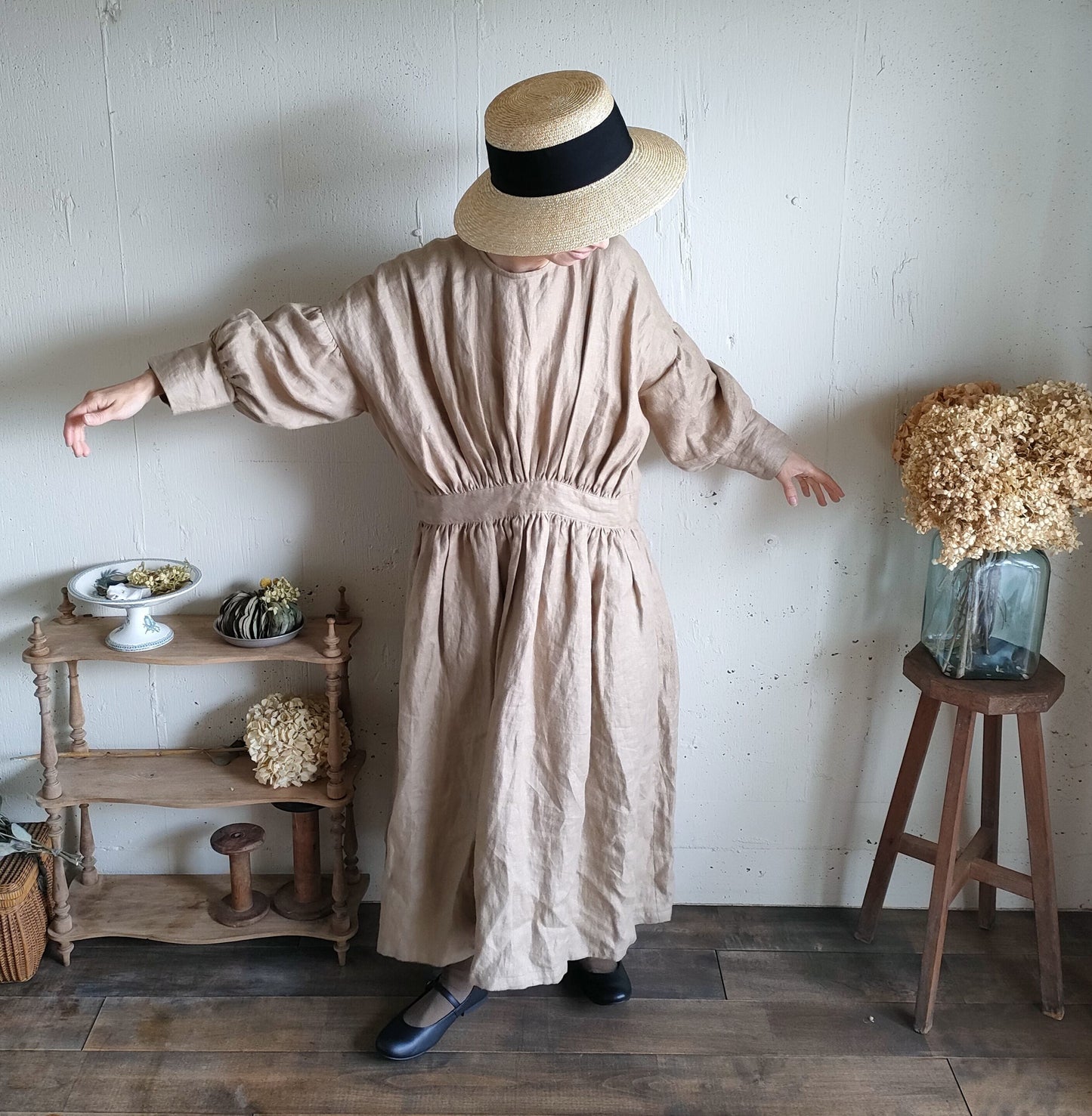French Linen Ayaori Gather onepiece　アヤオリギャザーワンピース　フレンチリネンギャザーワンピース　リネンワンピース　ナチュラルワンピース　フレンチリネン　