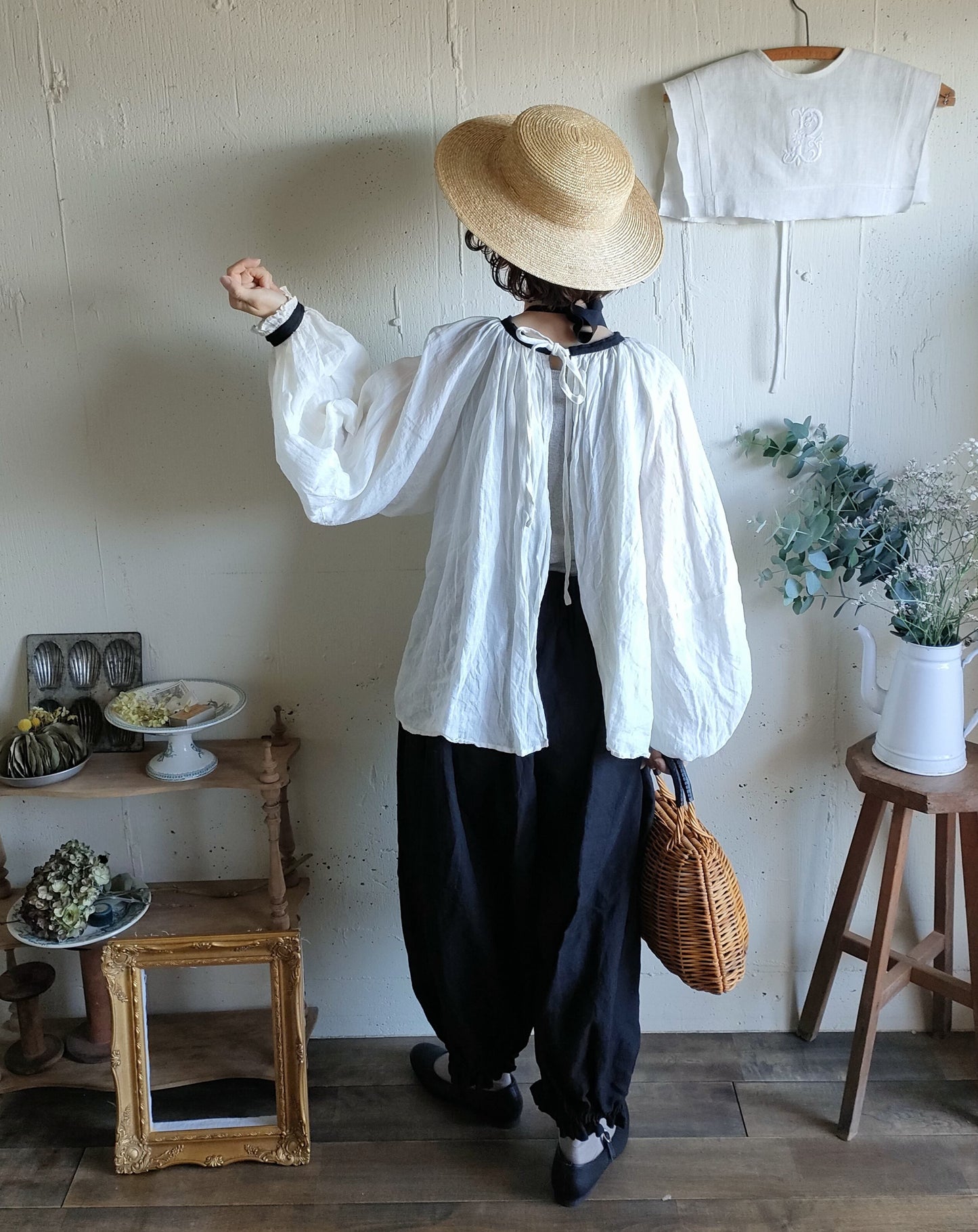 バイカラー 2way ギャザーアンティークブラウス　#gauze
