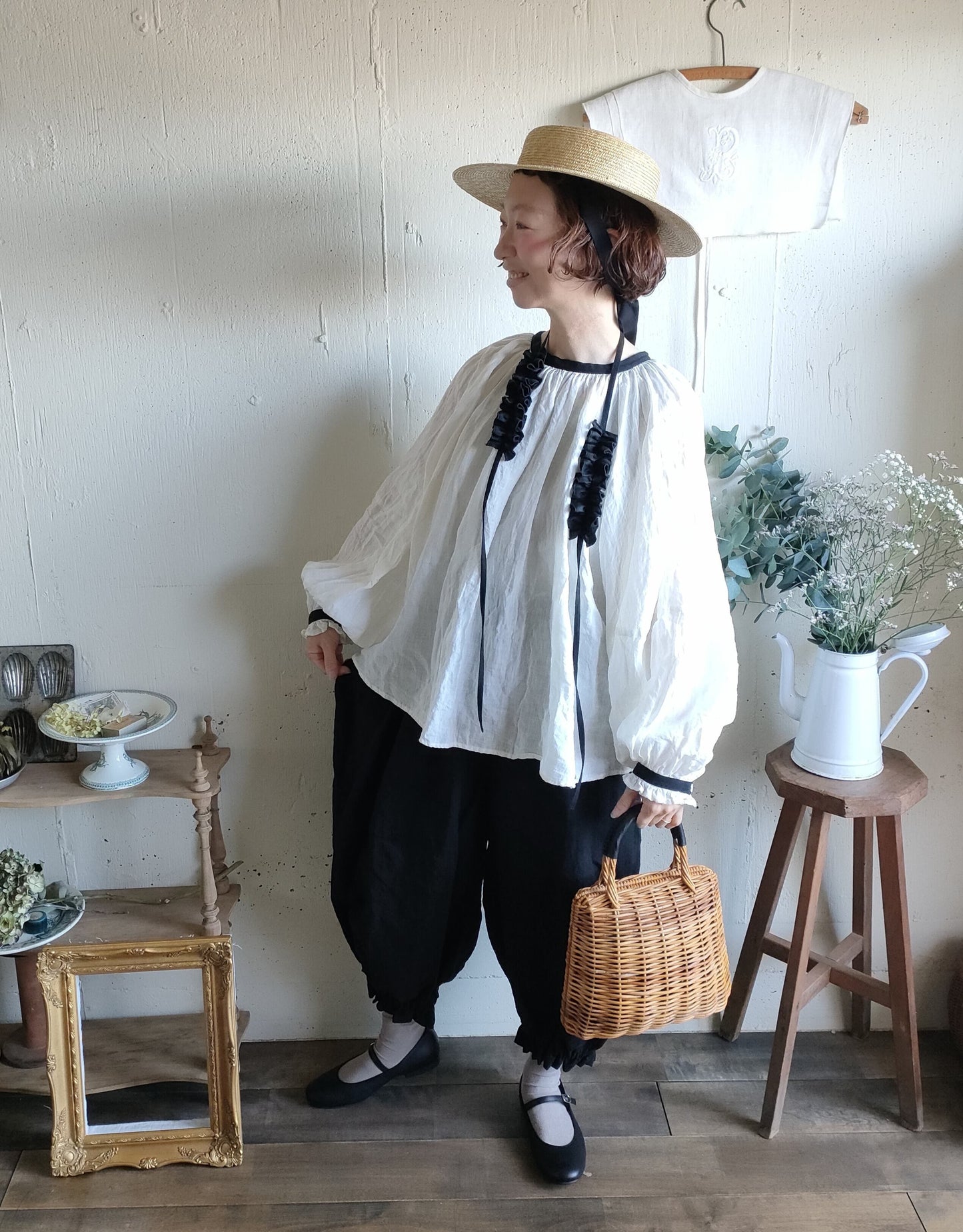 バイカラー 2way ギャザーアンティークブラウス　#gauze
