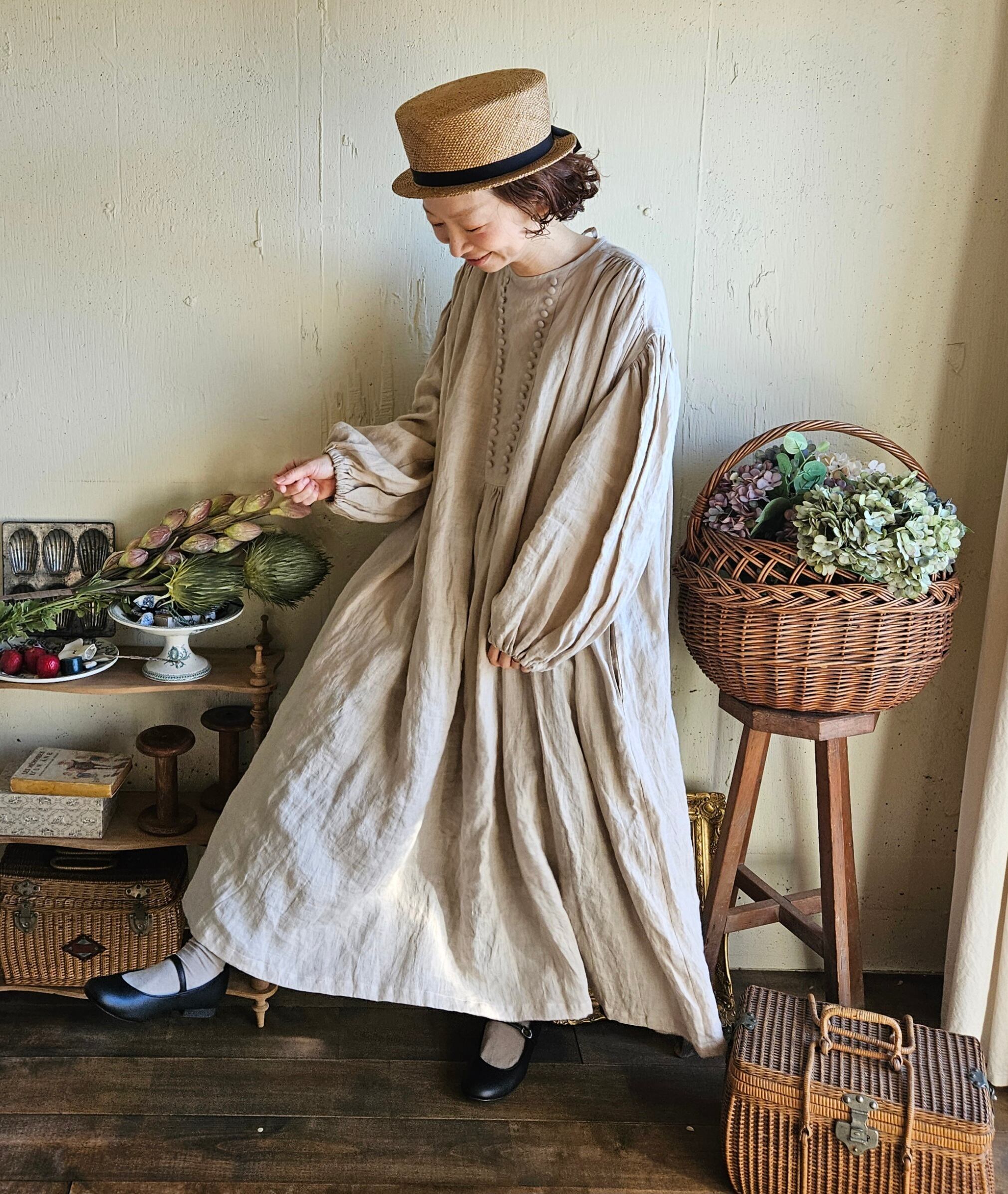 megurimegutteモノガタリワンピース モノガタリワンピース milk tea beige ミルクティベージュ フレンチ