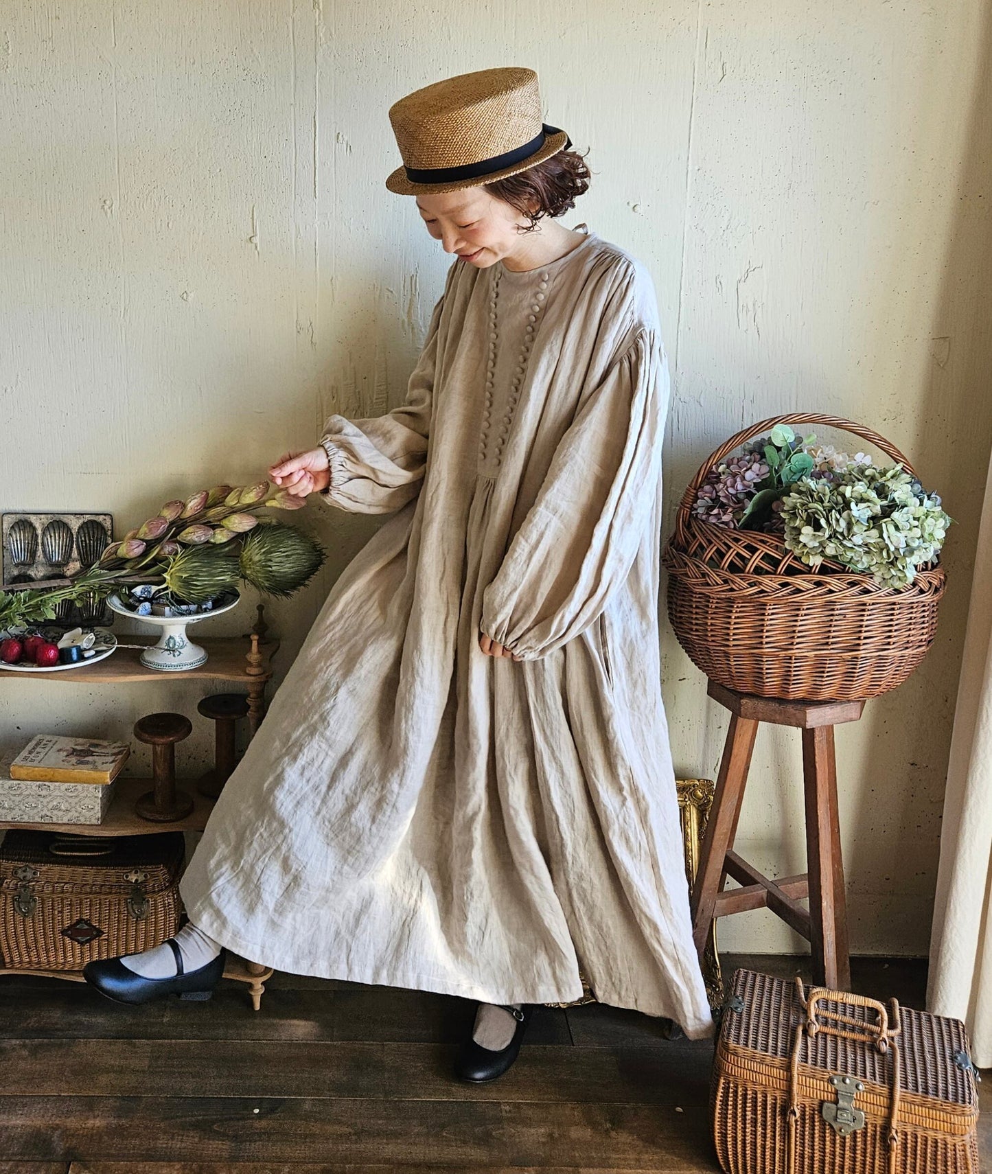 モノガタリワンピース milk tea beige ミルクティベージュ フレンチリネンワンピース