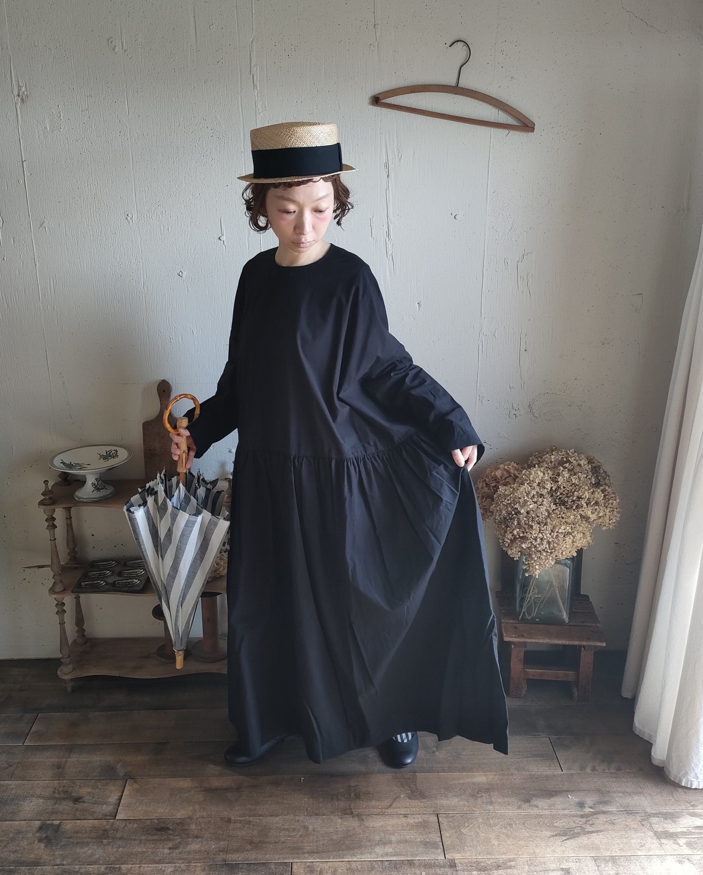 【Mat Black】modernist switching gather Onepiece  コットンワンピース　Aライン　ギャザーワンピース　ガーゼ gauze#