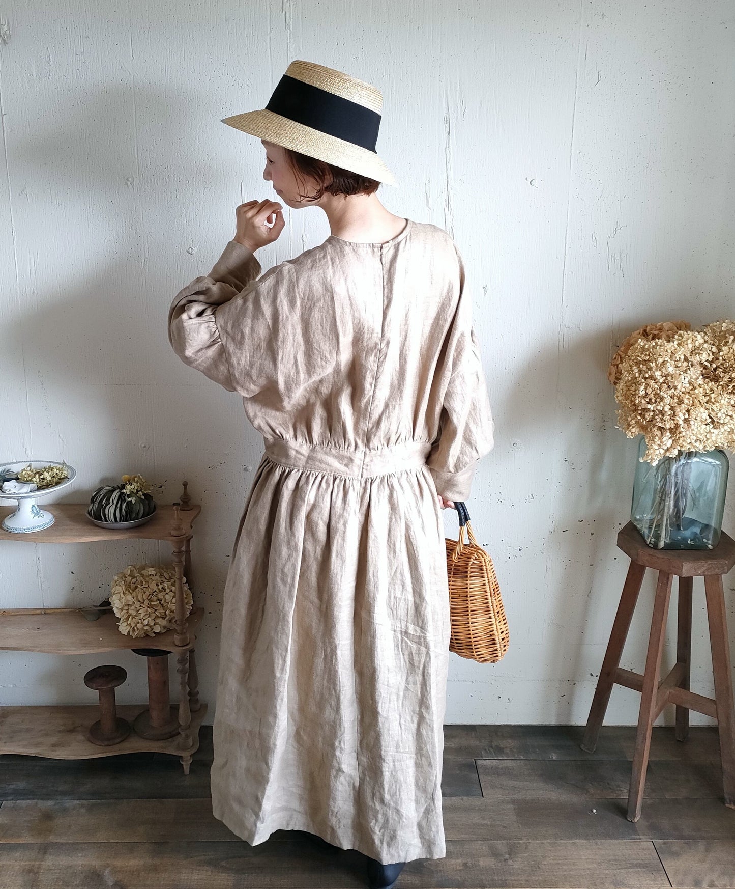 French Linen Ayaori Gather onepiece　アヤオリギャザーワンピース　フレンチリネンギャザーワンピース　リネンワンピース　ナチュラルワンピース　フレンチリネン　