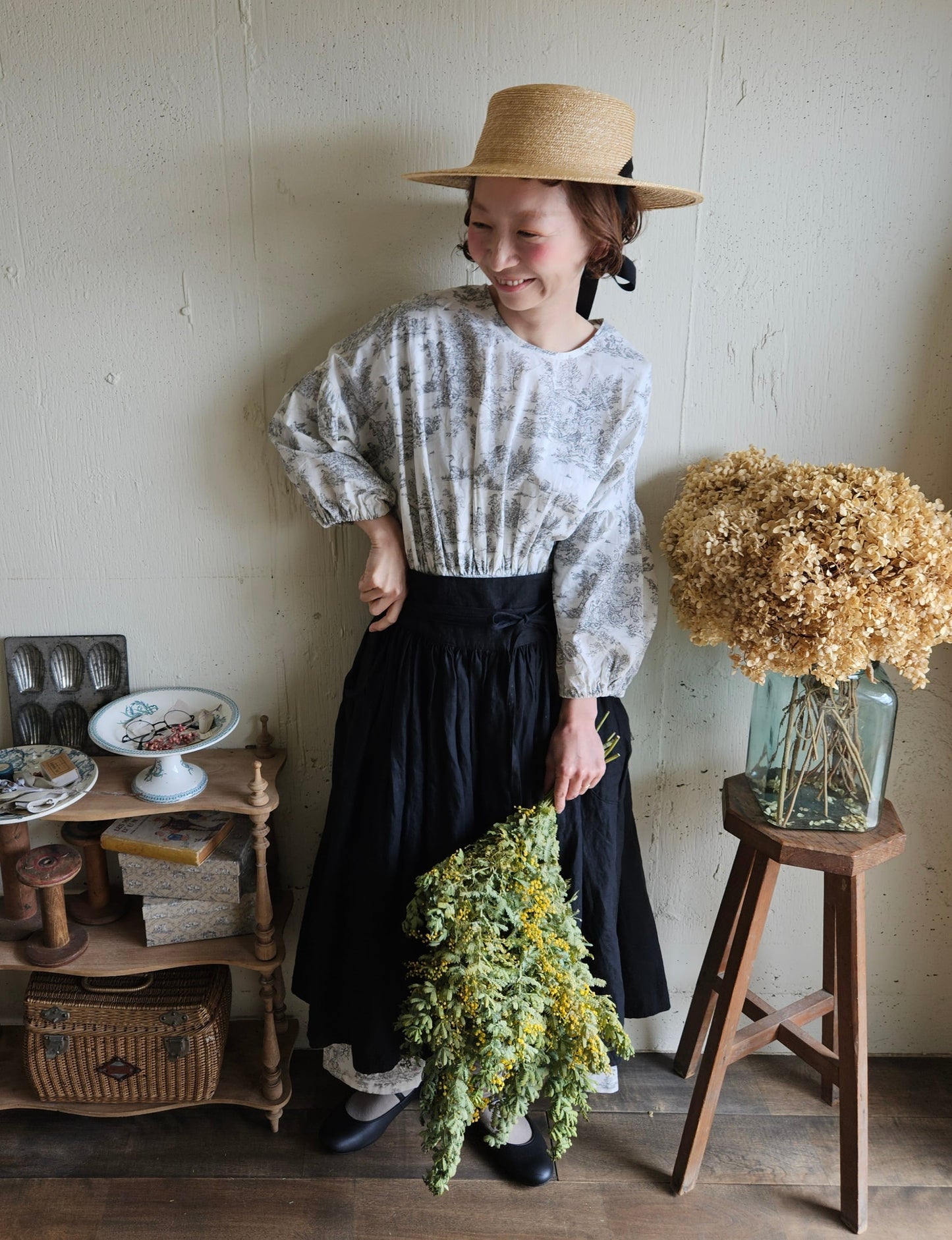 toile de jouy トワルドジュイ柄 ギャザーワンピース French cotton  gather one piece
